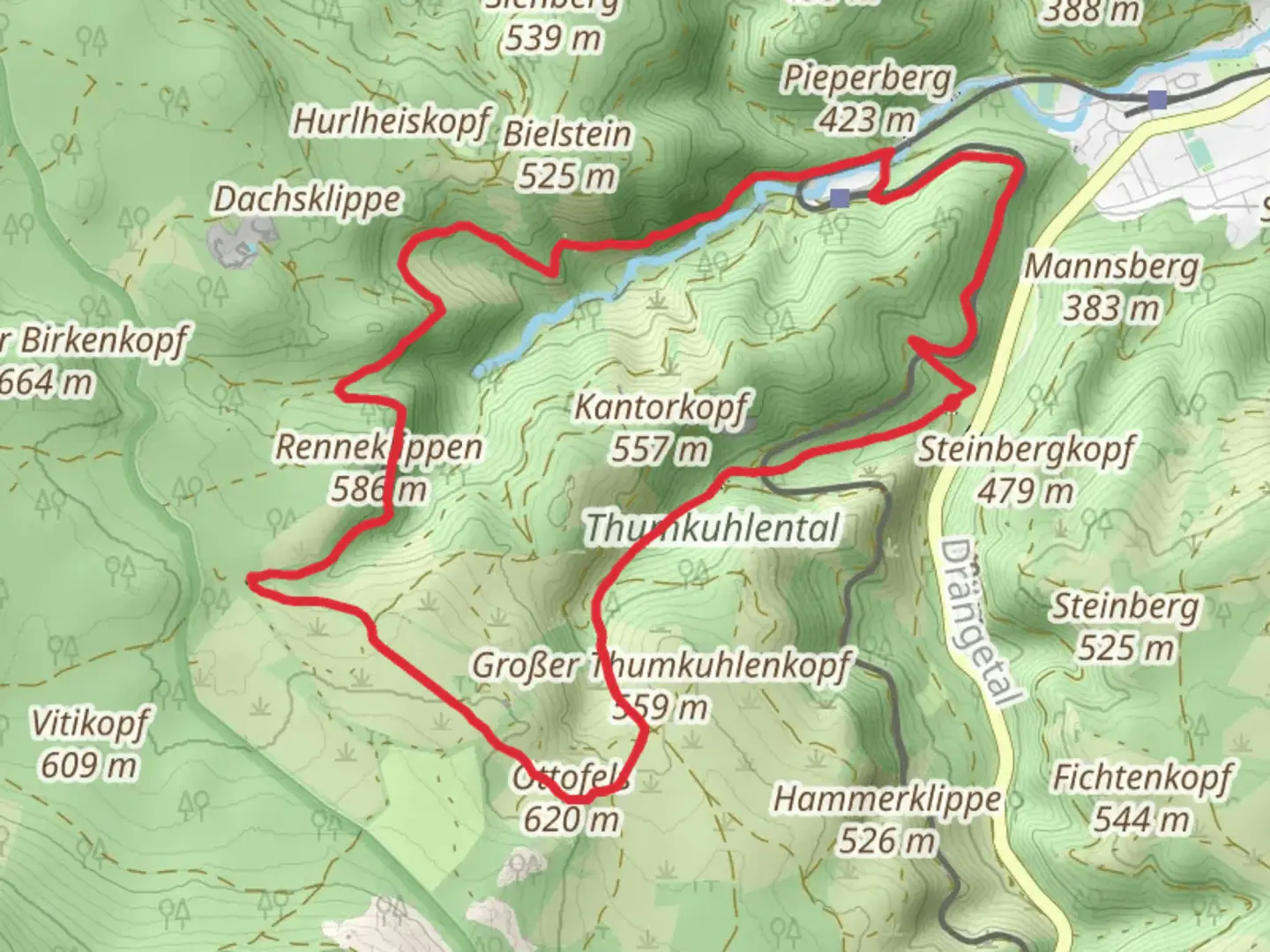 An image depicting the trail Lossendenkmal, Ottofelsen and Renneklippen Loop and its surrounding area.