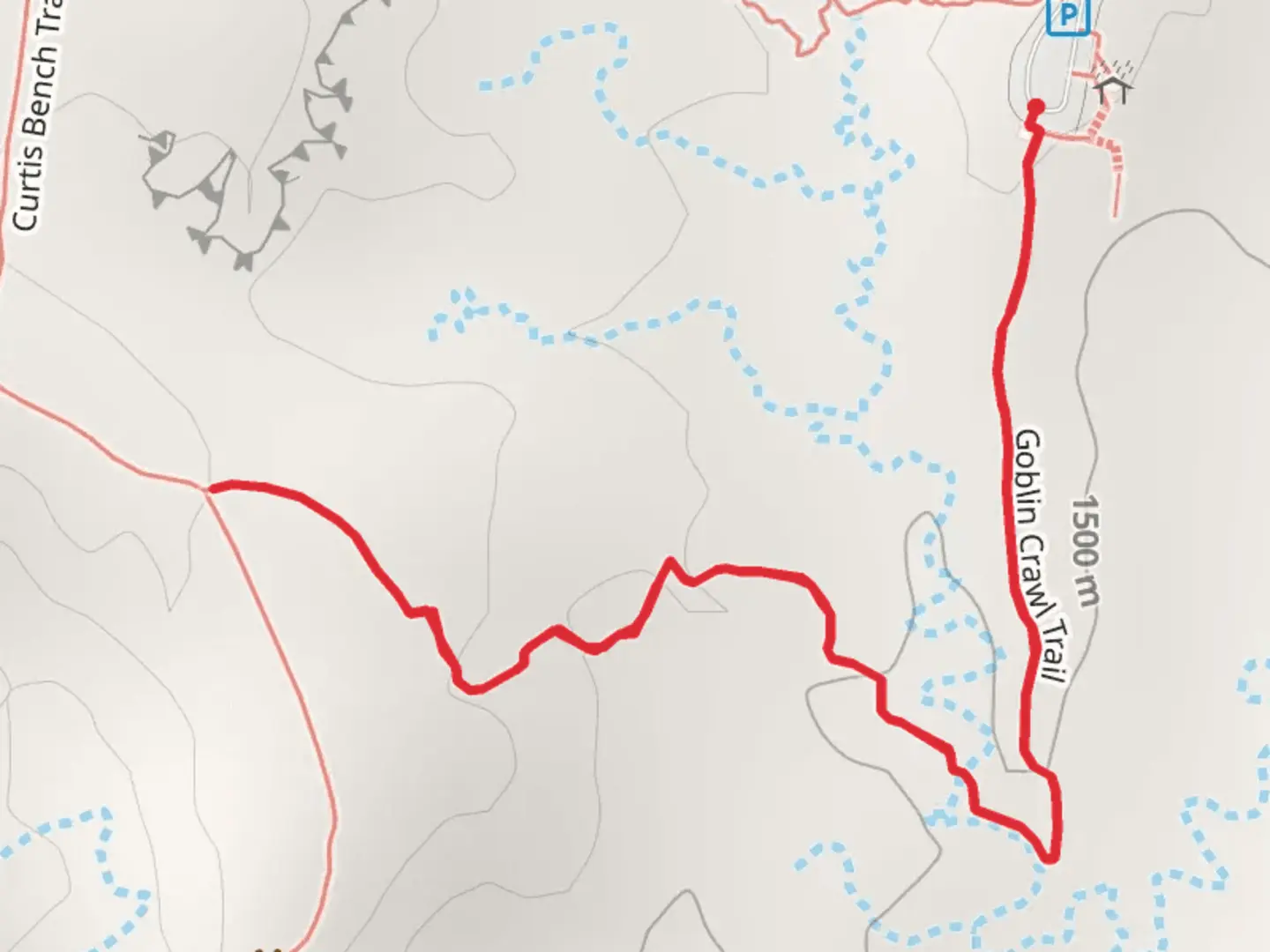 An image depicting the trail Goblin Crawl Trail and its surrounding area.