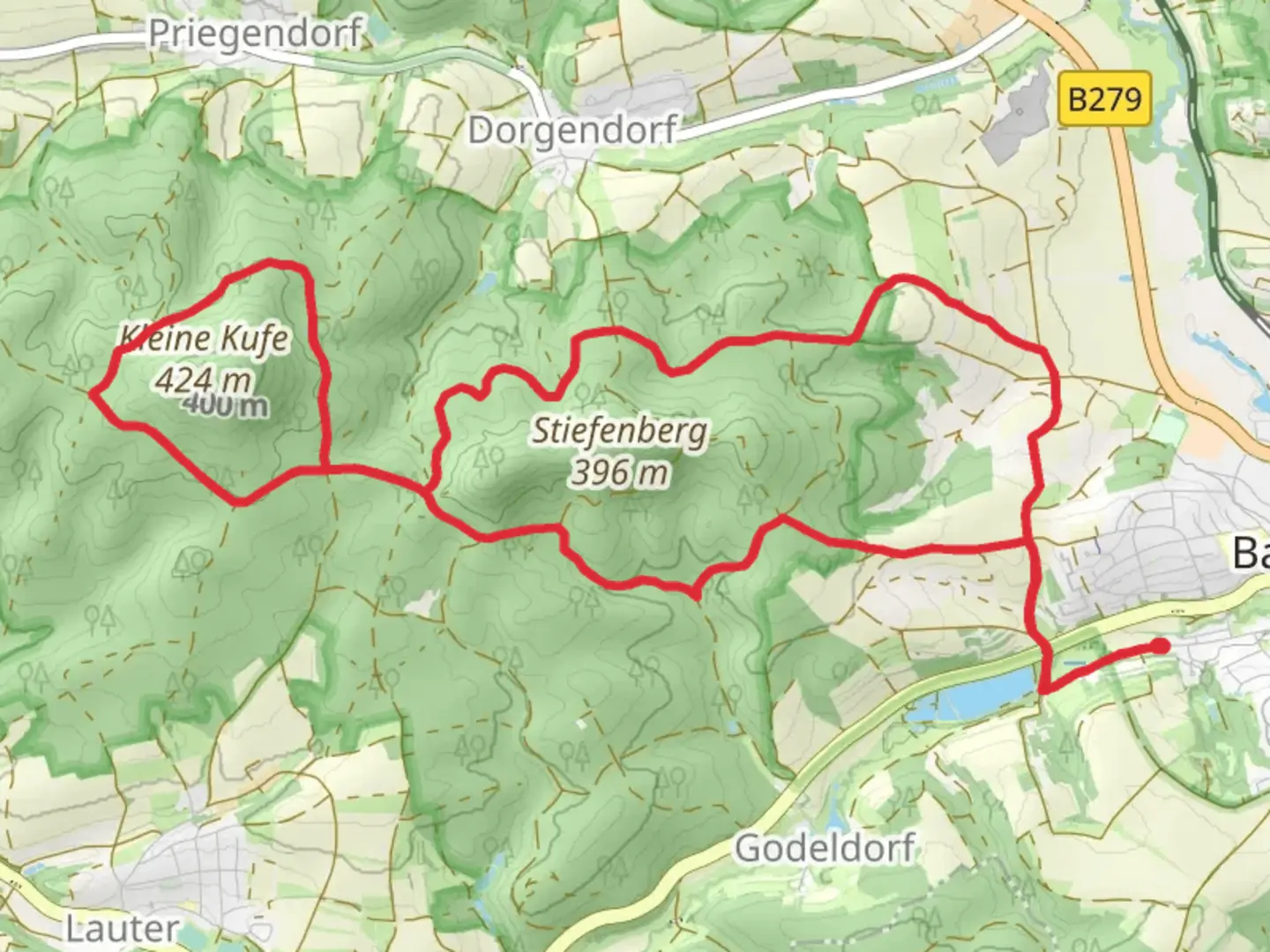 An image depicting the trail Kleine Kufe and Obermaintal Loop via Eulen Wanderweg and its surrounding area.