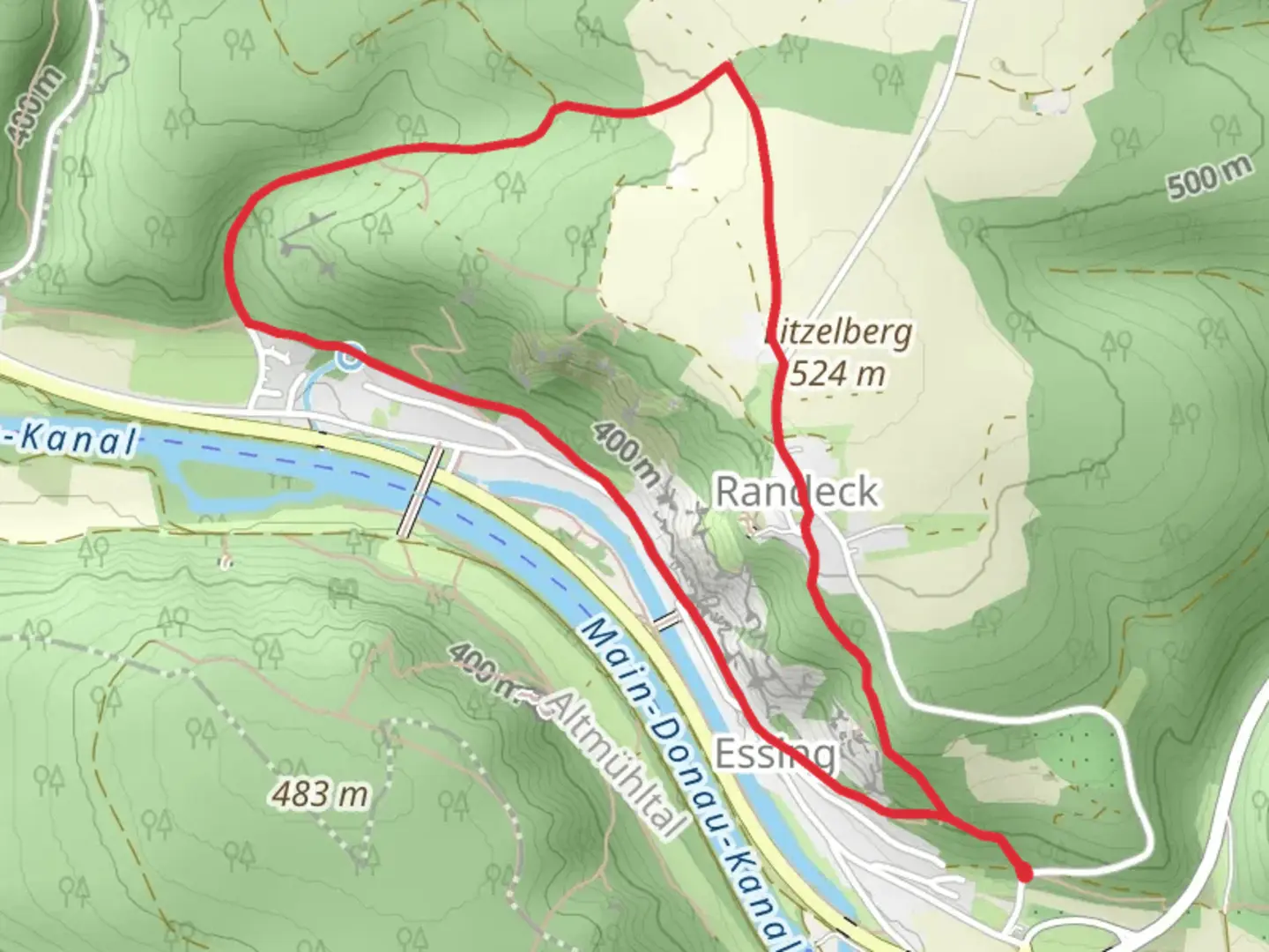 An image depicting the trail Rundweg Essing Loop and its surrounding area.