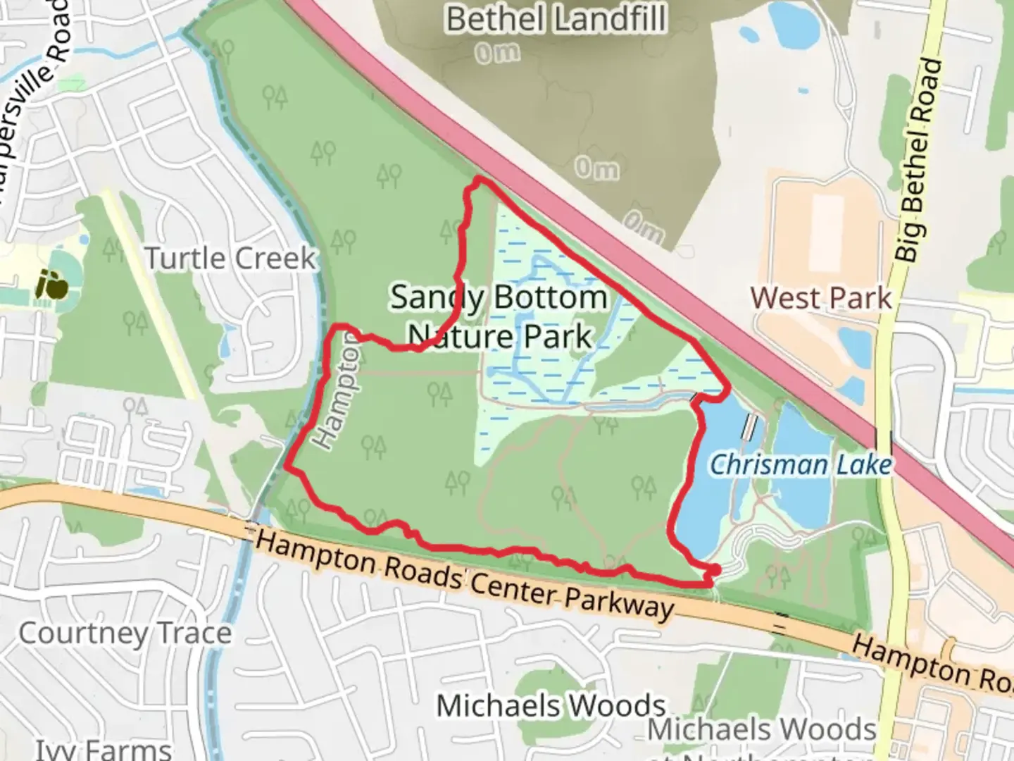An image depicting the trail Sandy Bottom Nature Park Loop and its surrounding area.