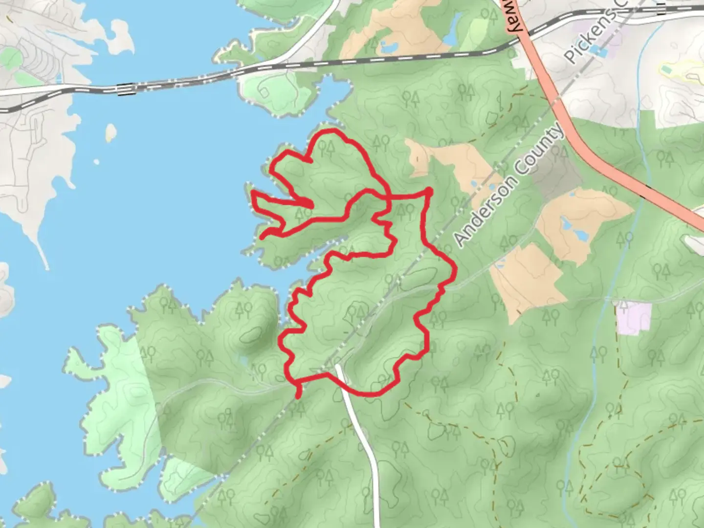 An image depicting the trail Loop around Pickens Bend from Seed Orchard Road and its surrounding area.