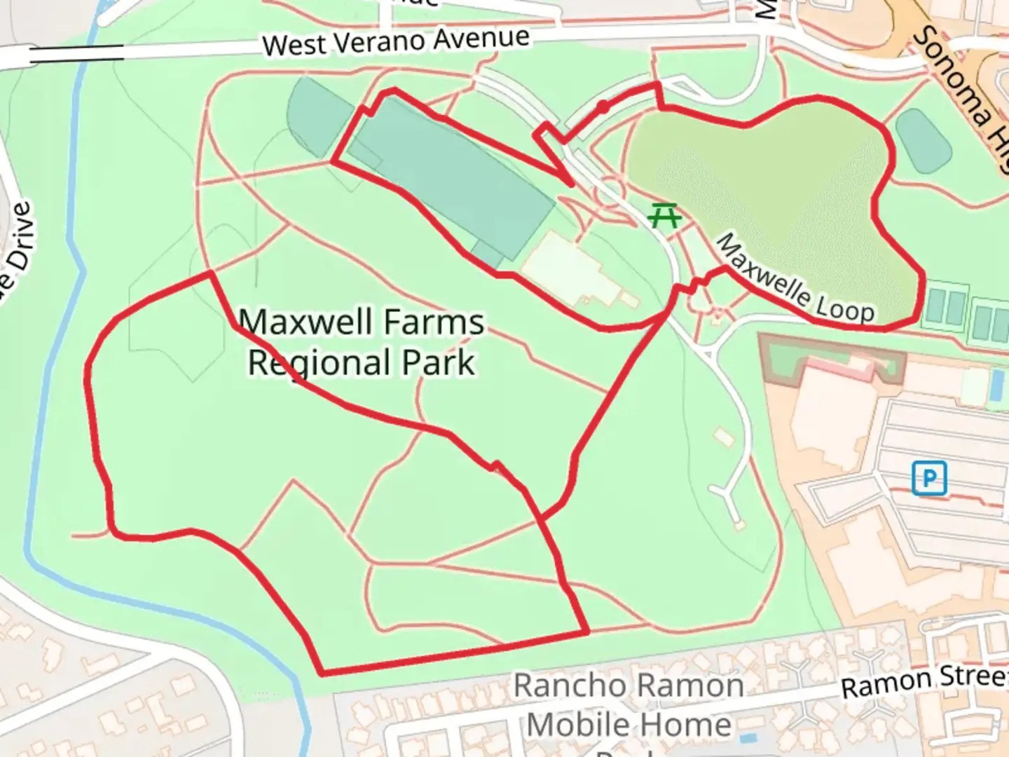 An image depicting the trail Maxwell Farms Regional Park Loop and its surrounding area.