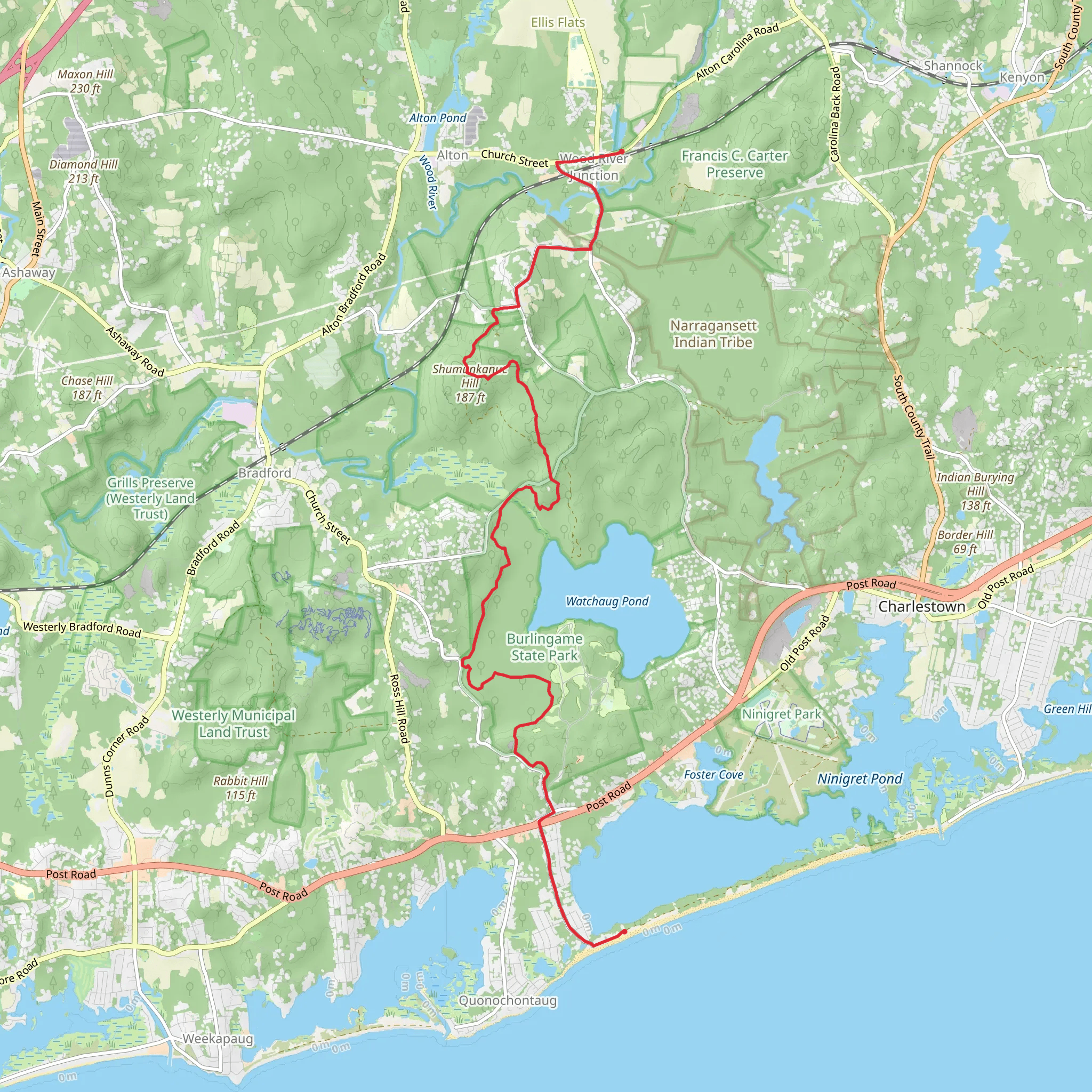 Quonochontaug to Wood River Junction via North South Trail mobile static map