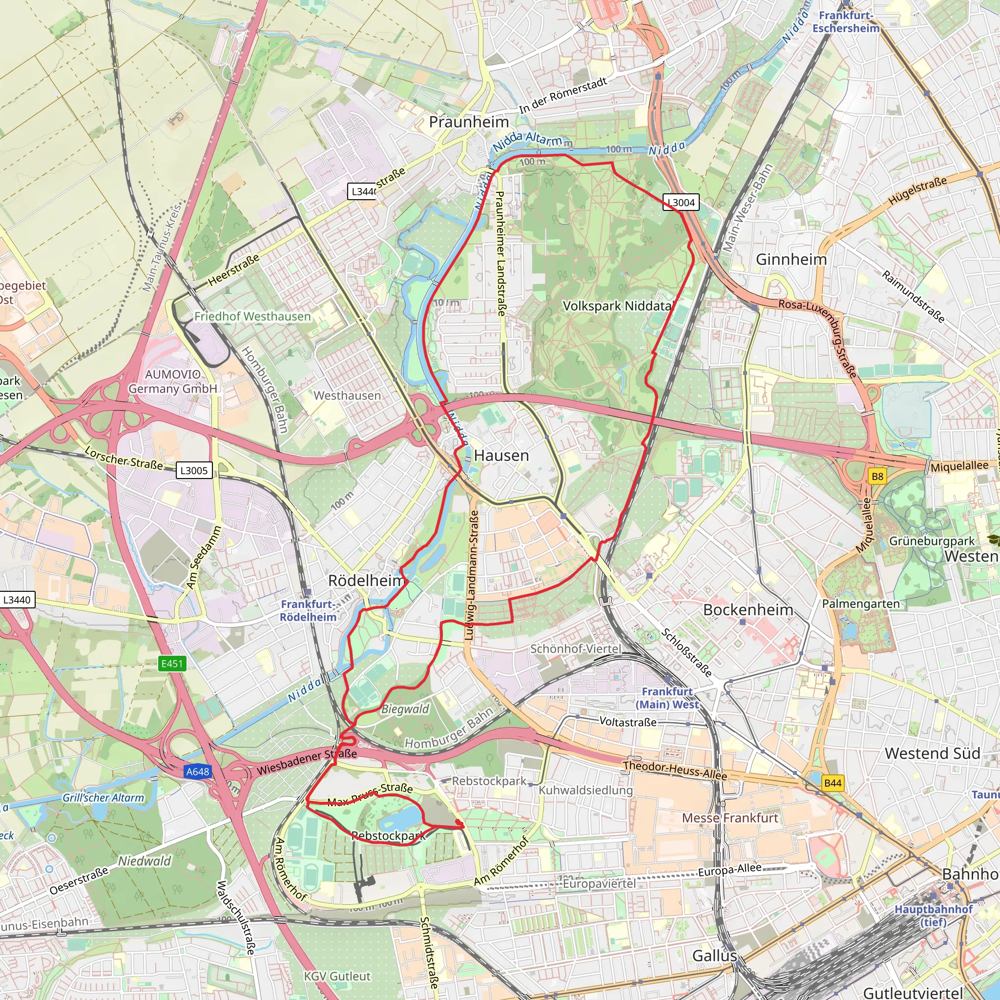 Rebstockweiher and Nidda Loop via Lauftreff Ginnheim and Gruenguetel Wanderweg mobile static map