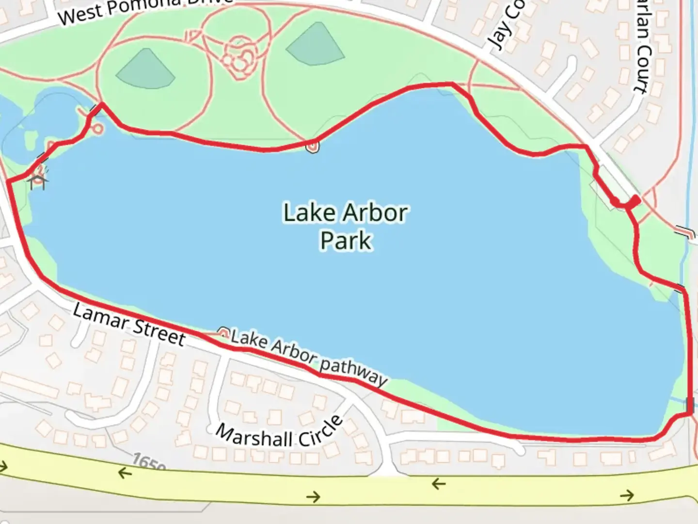 An image depicting the trail Lake Arbor Park Loop and its surrounding area.