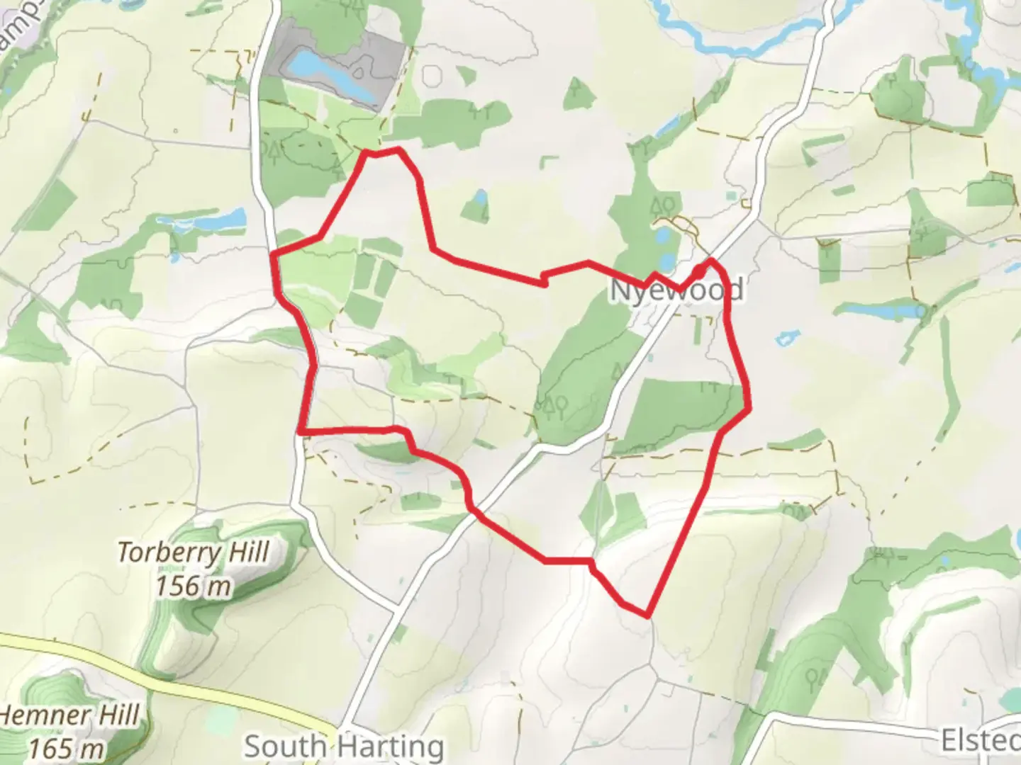 An image depicting the trail Nyewood to West Harting Loop and its surrounding area.