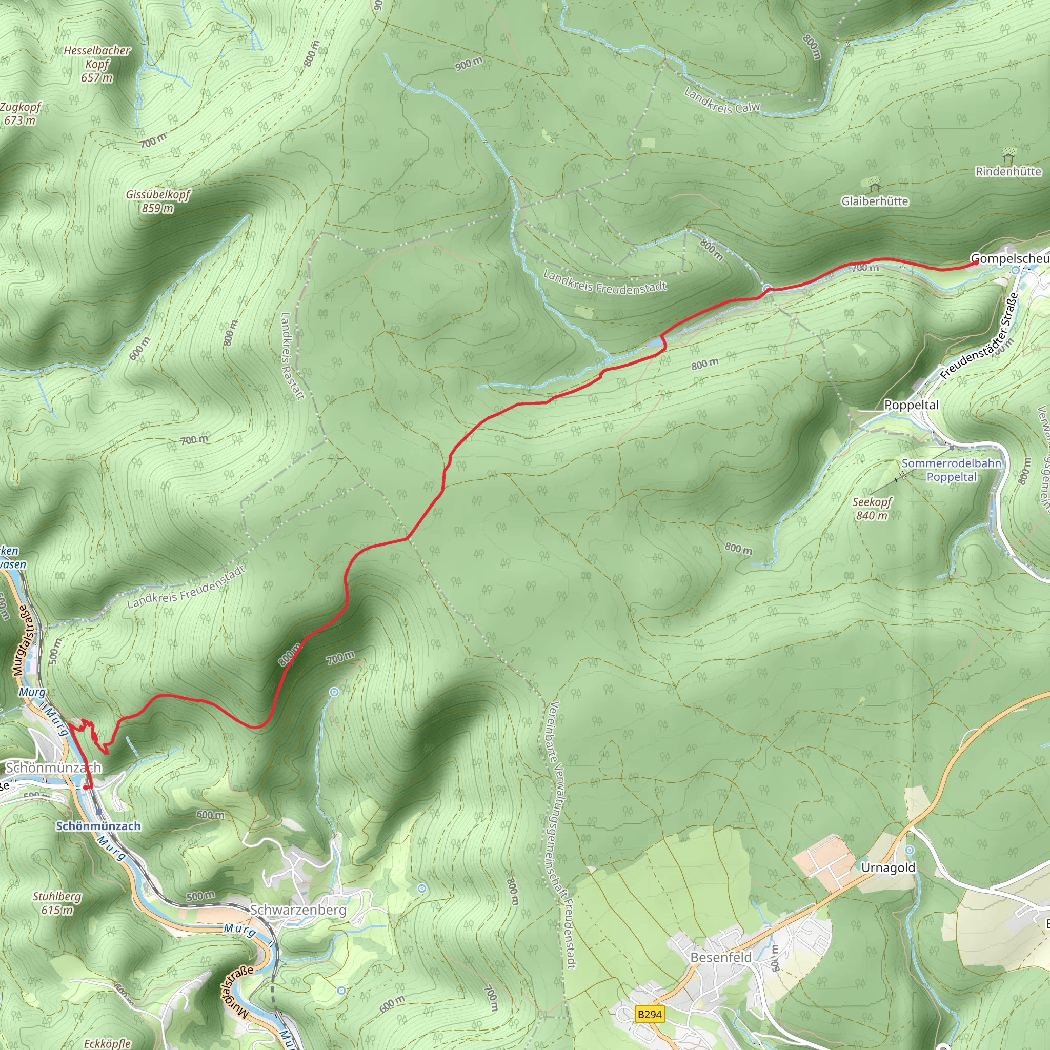 Schonmuenzach to Gompelscheuer via Schwarzwald Schoenbuch Weg mobile static map