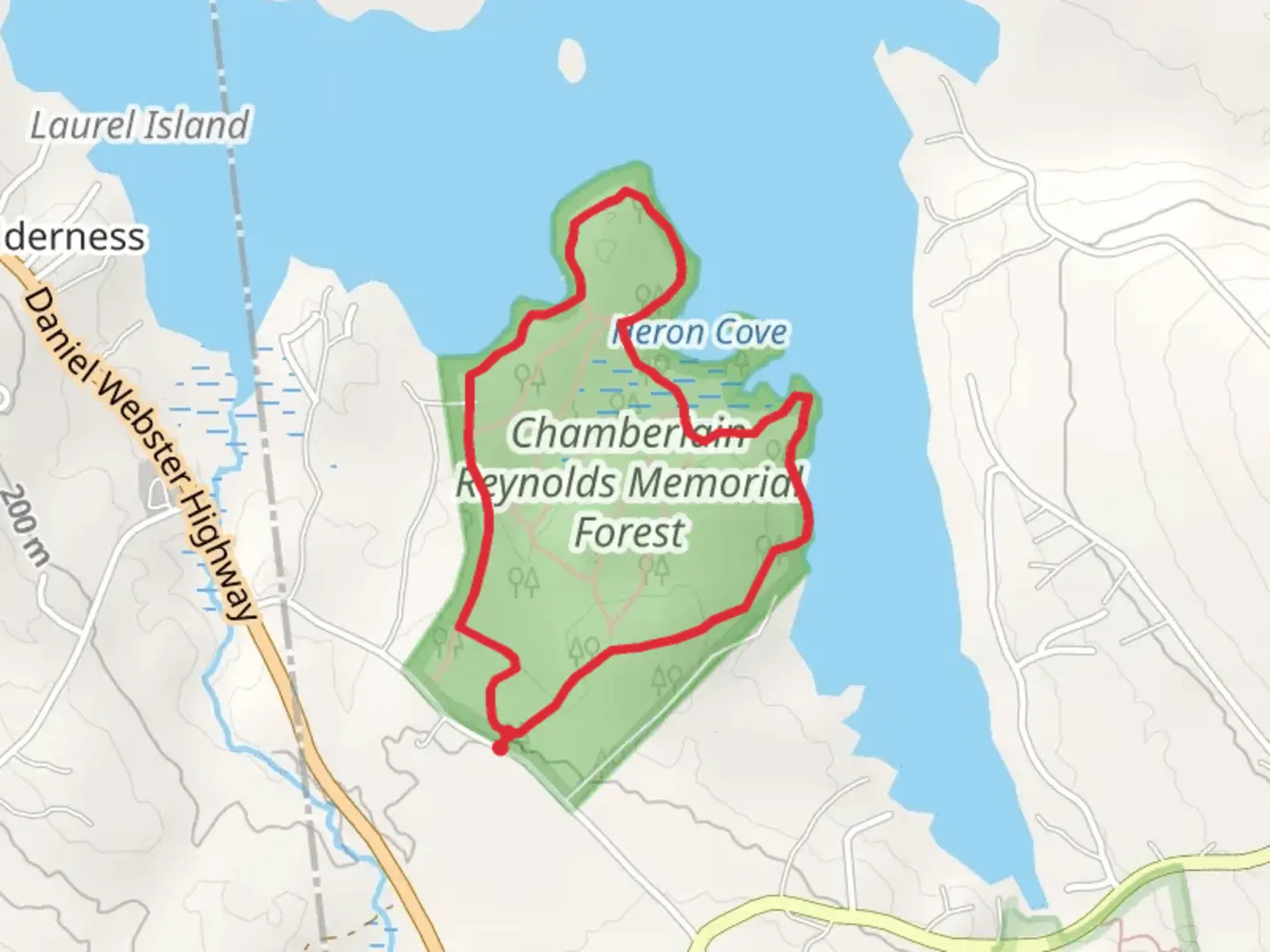 An image depicting the trail Heron Cove and Dog Cove from College Road and its surrounding area.