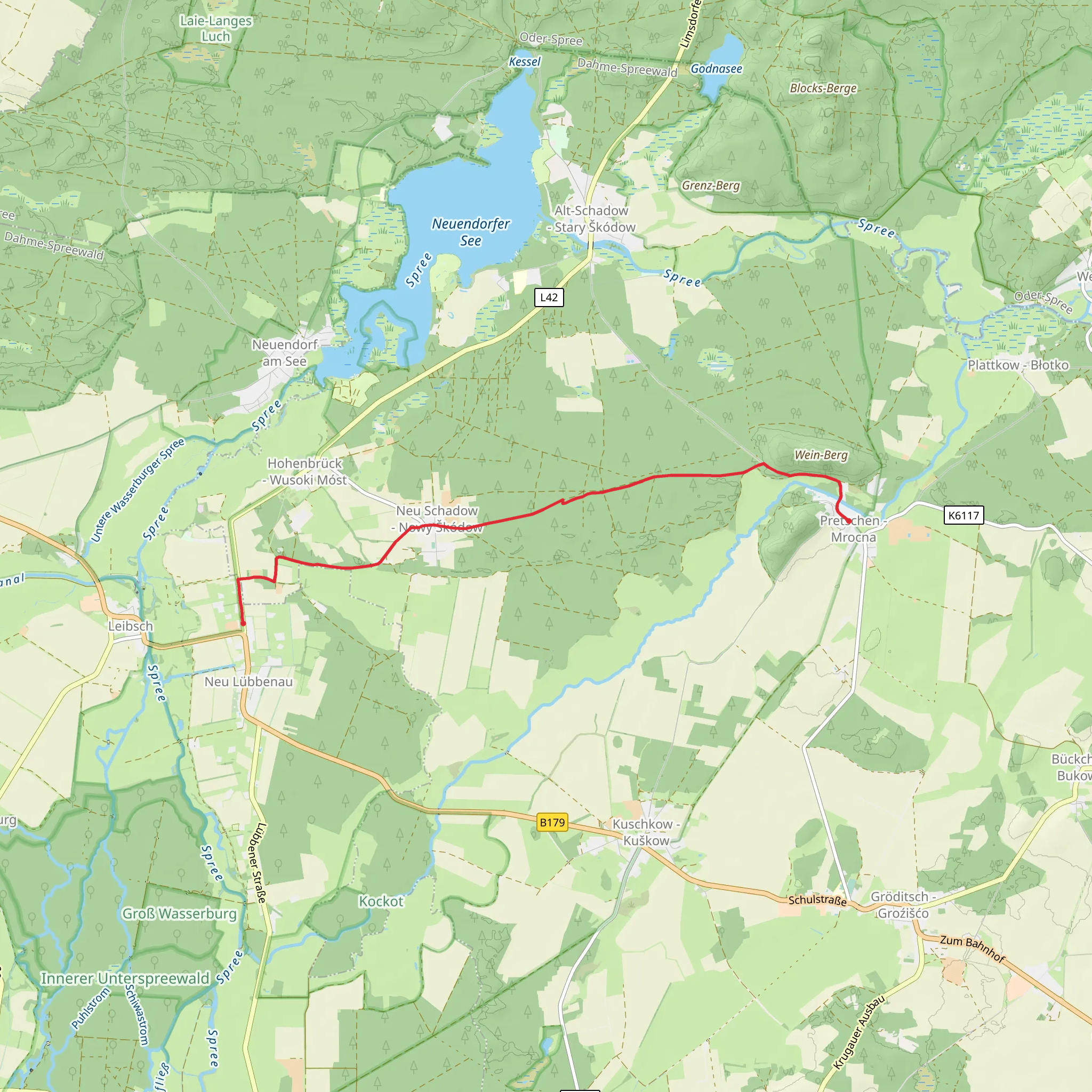 Neu Lübbenau to Pretschen Mrocna via Grosse Dorfstrasse mobile static map