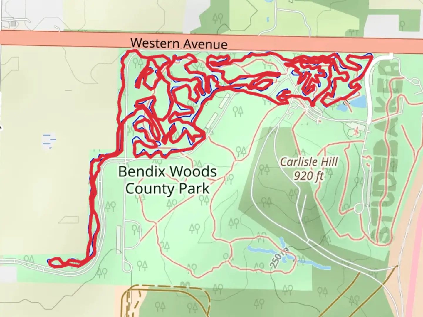 An image depicting the trail Bendix Woods County Park Loop and its surrounding area.