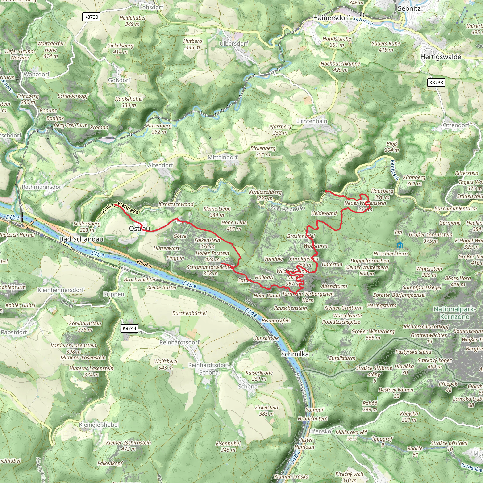 Lichtenhainer Wasserfall to Wustmanndorfel Walk via Schrammsteinaussicht mobile static map