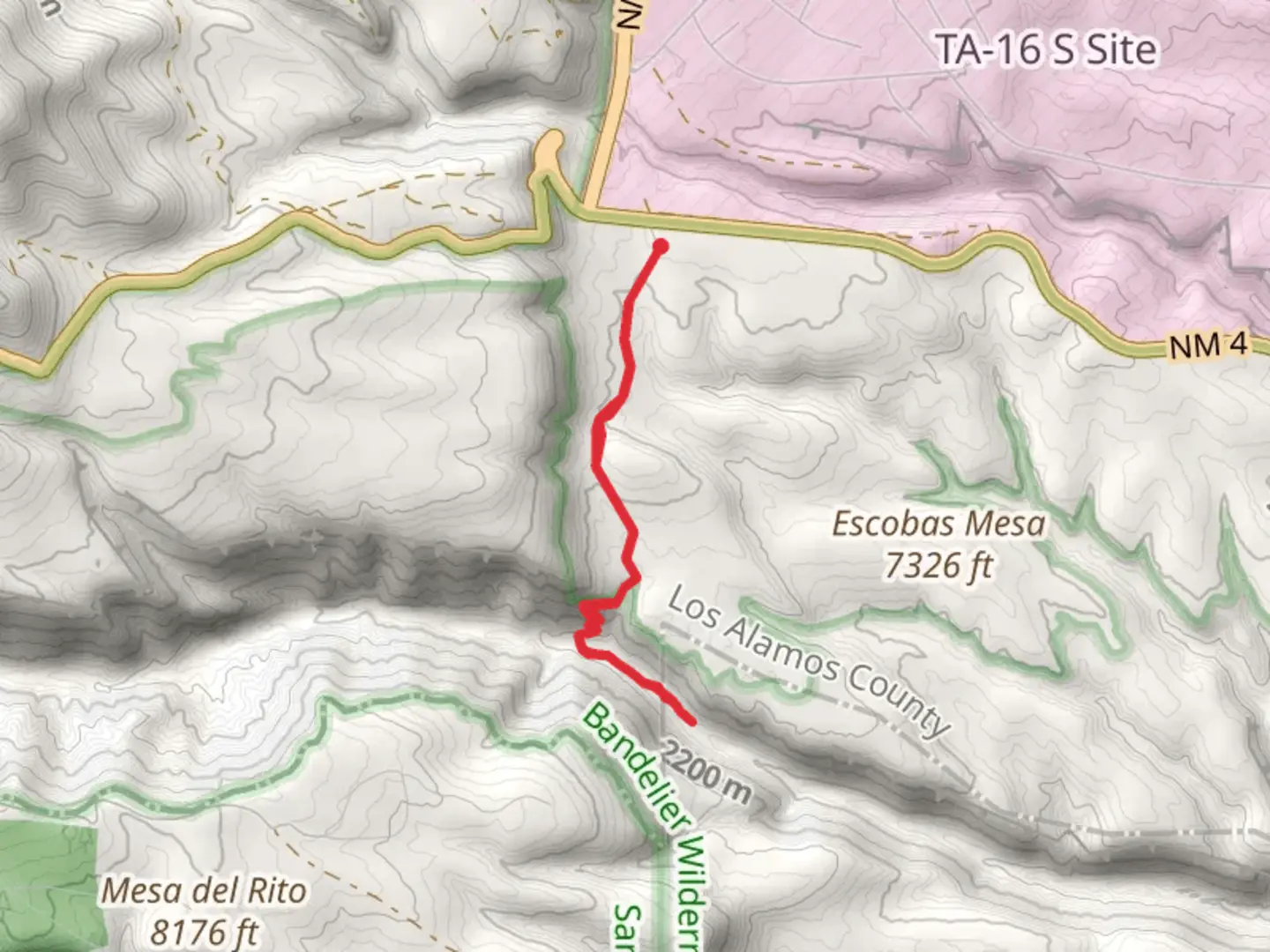 An image depicting the trail Frijoles via Ponderosa Trail and its surrounding area.