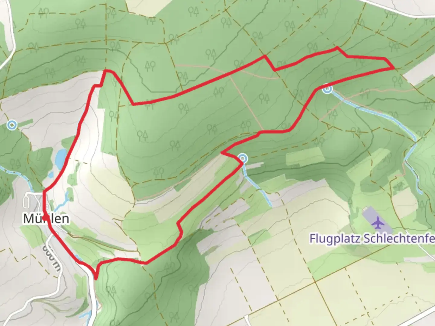 An image depicting the trail Mühlen Loop and its surrounding area.
