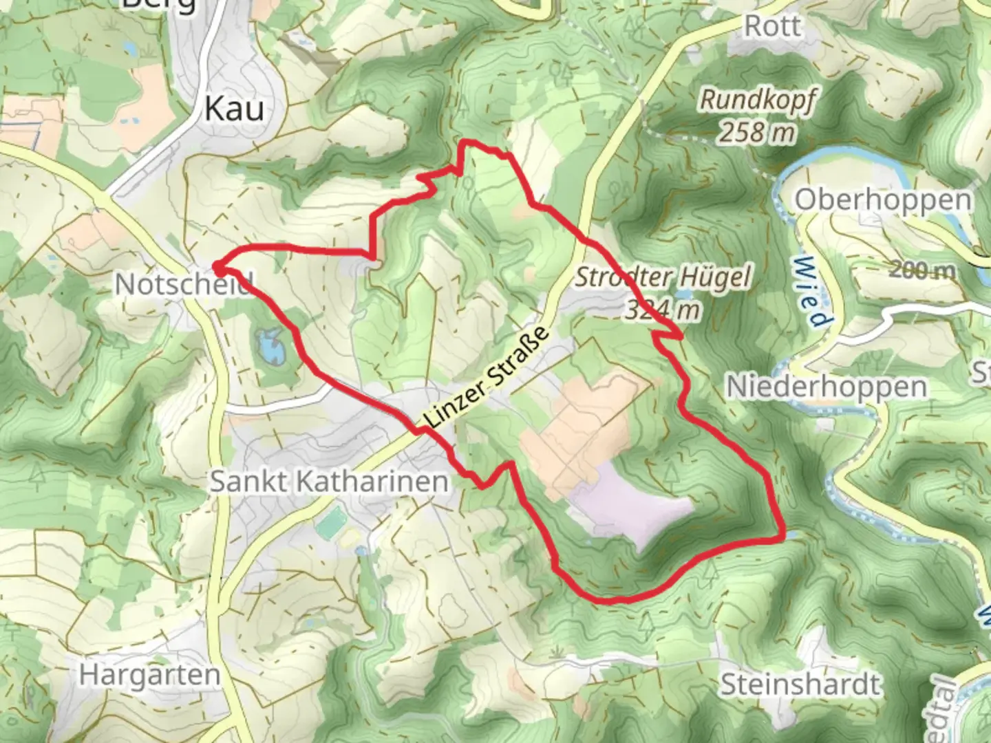 An image depicting the trail Erlebnistag Wandern and Lorscheid - Stroedt and its surrounding area.