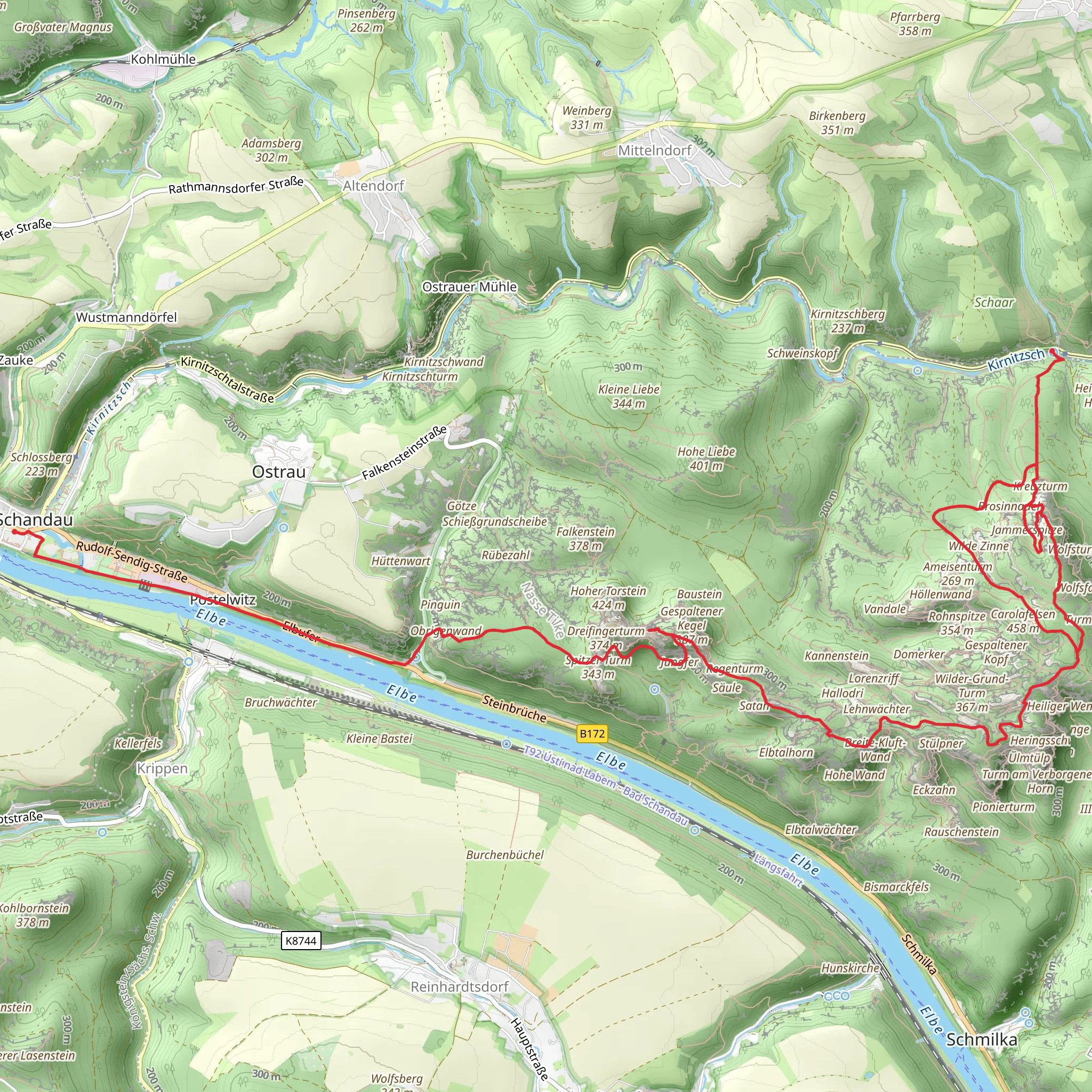 Blossstock, Bauerlochturm, Breite Kluft Aussicht and Schrammsteinaussicht via Malerweg mobile static map