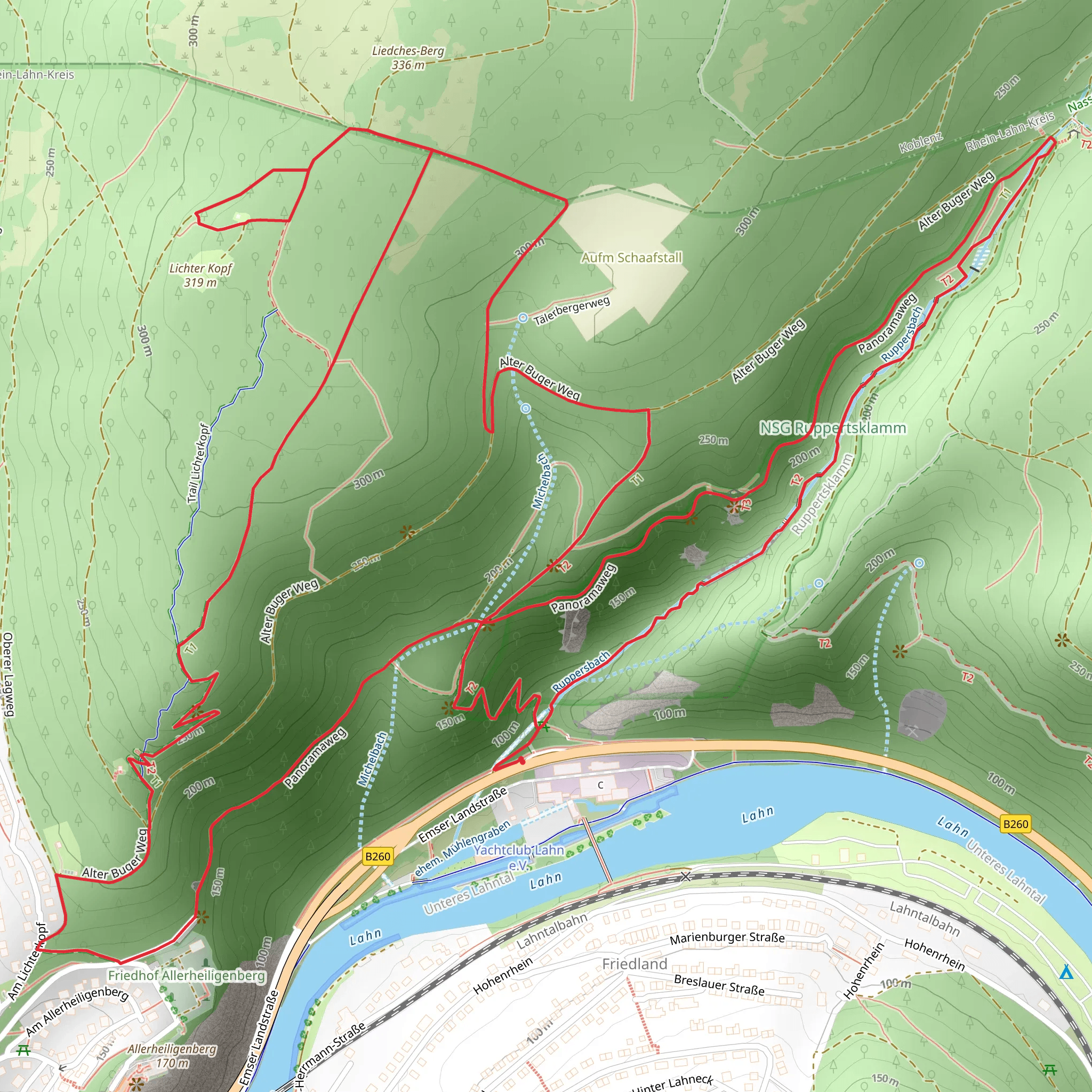 Lahnblick Leige, Hunsrueck Blick Leige and Friedland Blick Leige via Rundwanderweg mobile static map