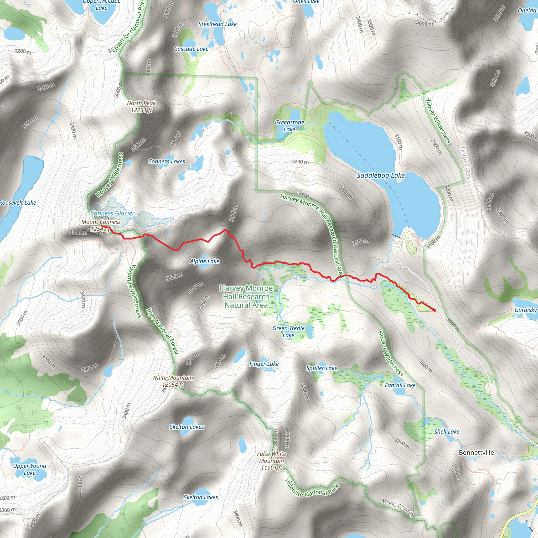 Mount Conness via Sawmill Walk-in Campground mobile static map
