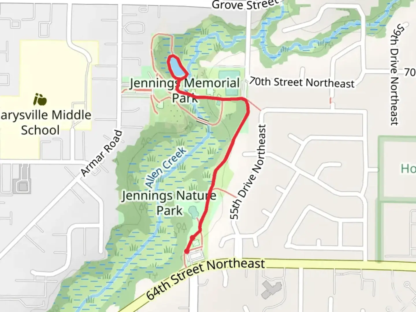 An image depicting the trail Allen Creek and Youth Fishing Pond and its surrounding area.