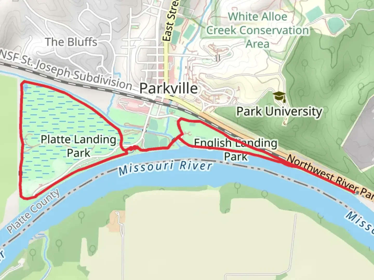 An image depicting the trail Platte Landing Park and English Landing Park Loop and its surrounding area.