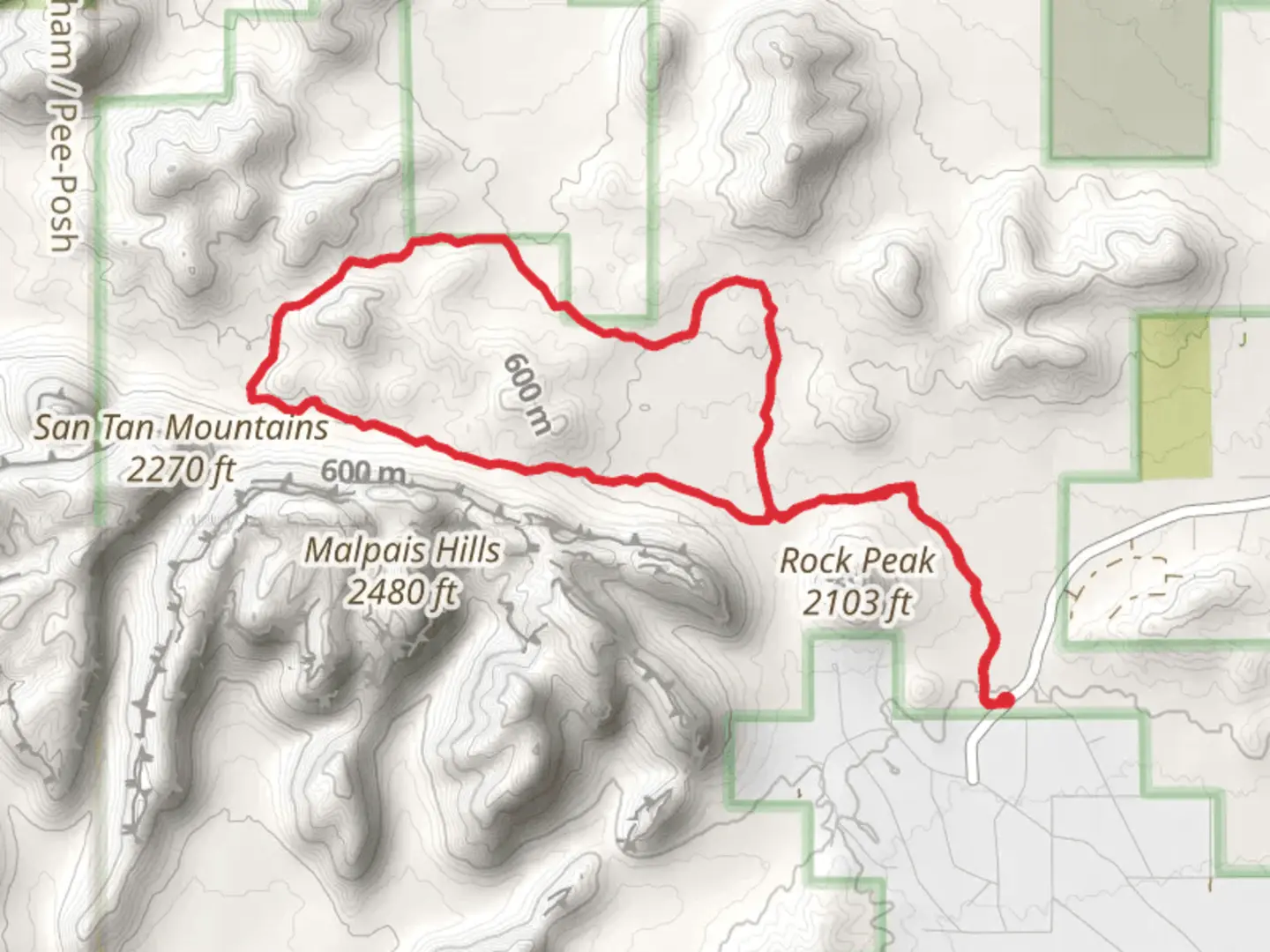 An image depicting the trail Rock Peak - San Tan - Malpais Loop Trail and its surrounding area.