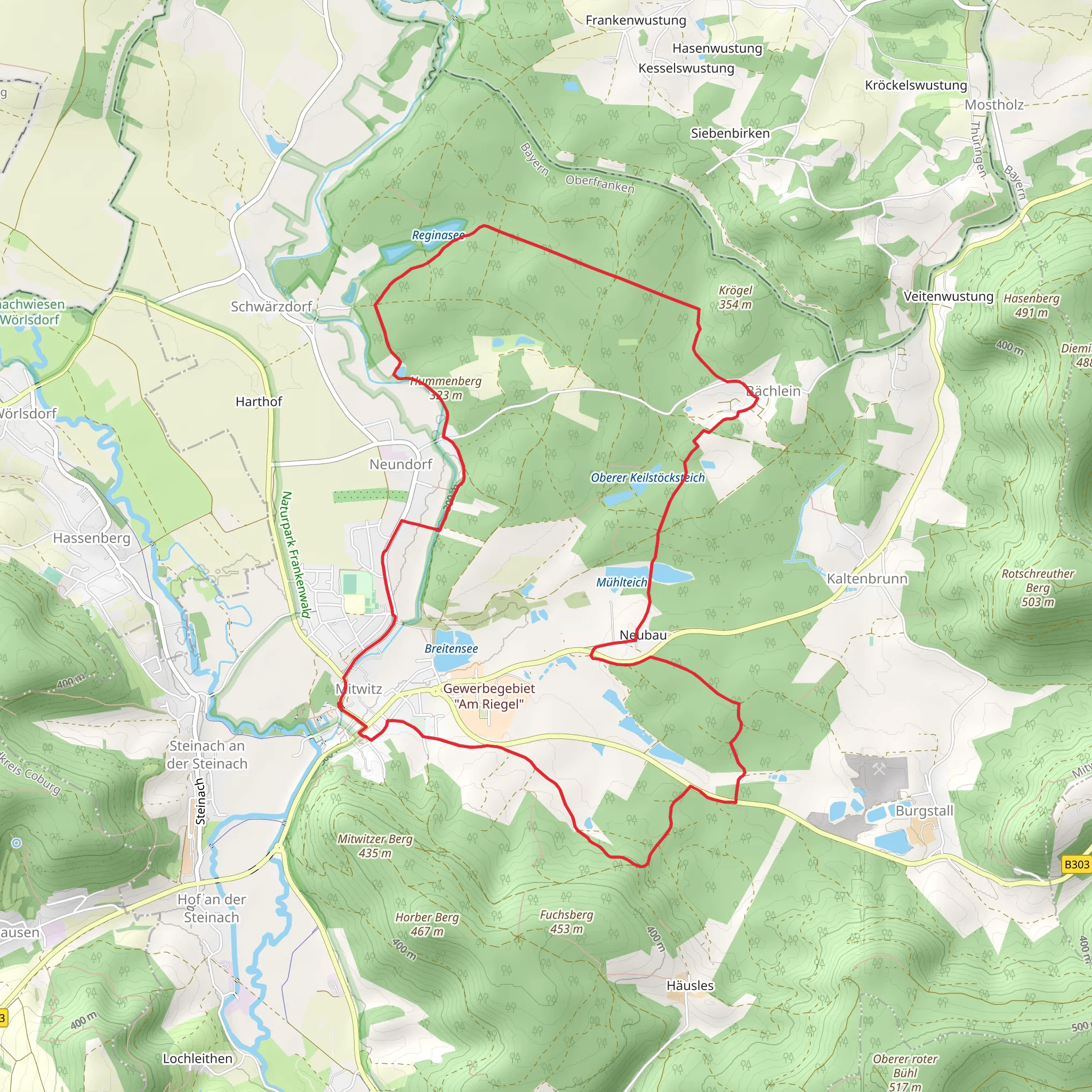 Muehlteich and Reginasee via Baechleiner Weg and Mitwitzer Runde mobile static map