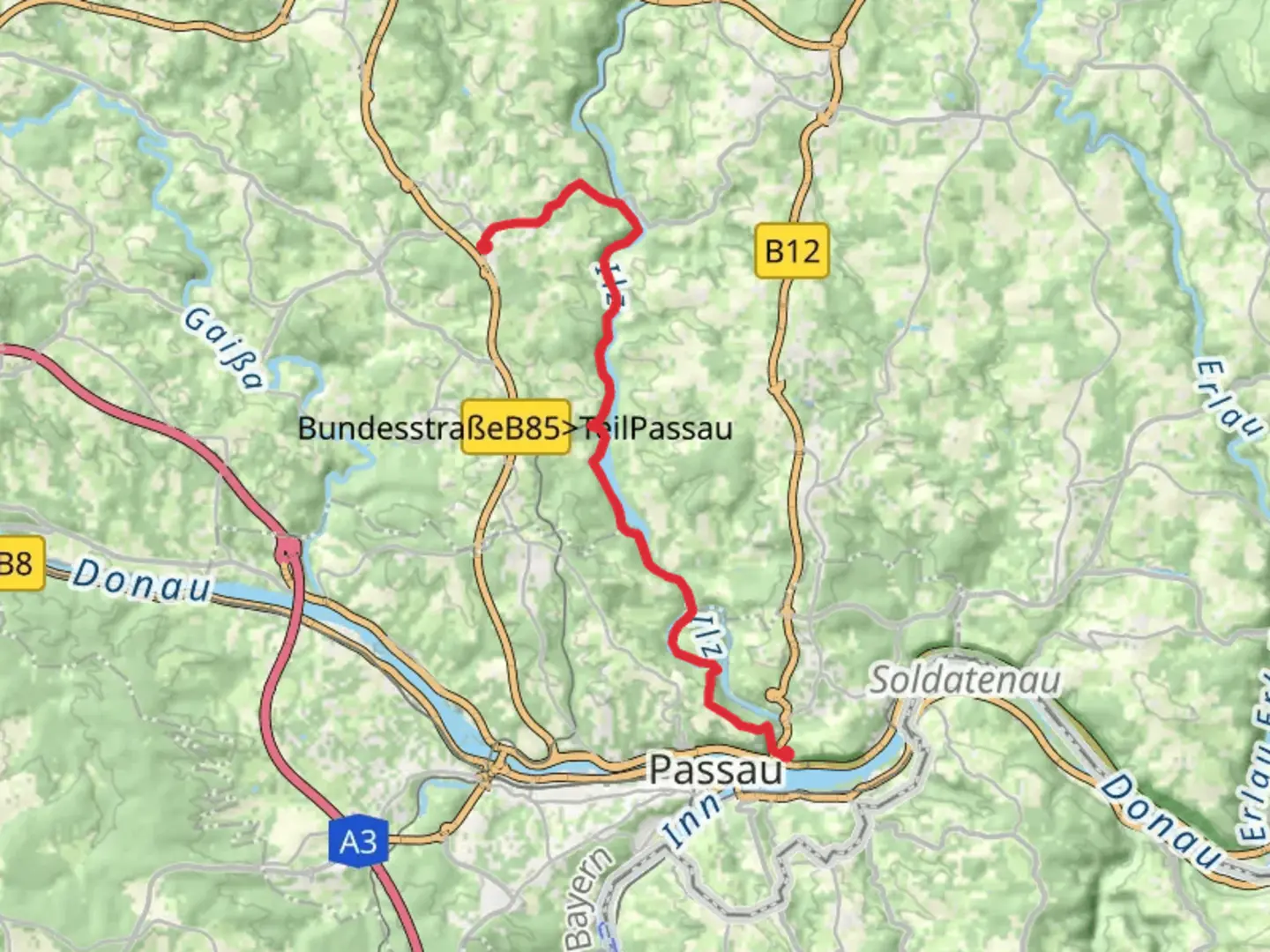 An image depicting the trail Ruderting to Jagerhof Walk via Ilz and its surrounding area.