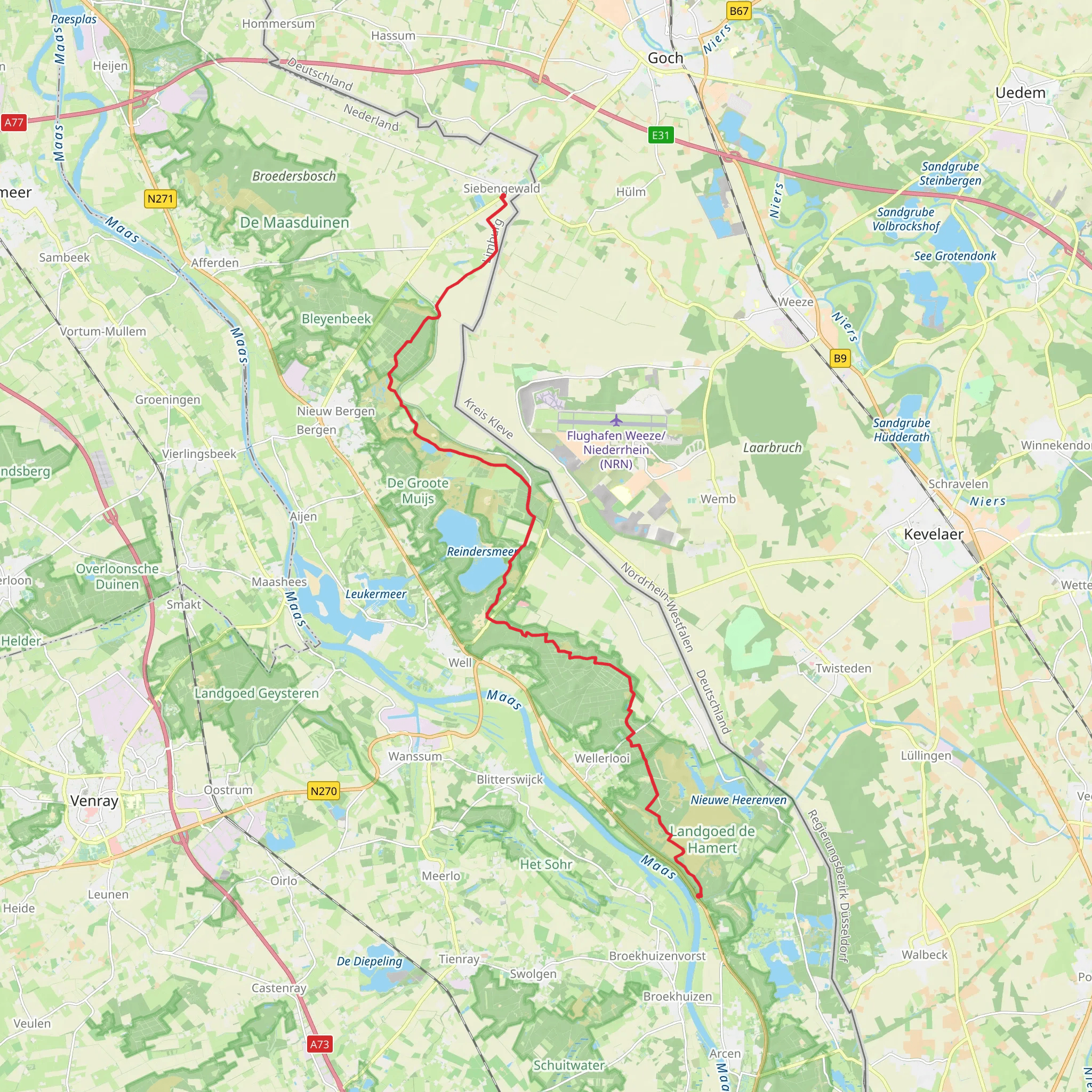 Siebengewald to Op den Hamer via Maasduinen and Reindersmeer mobile static map