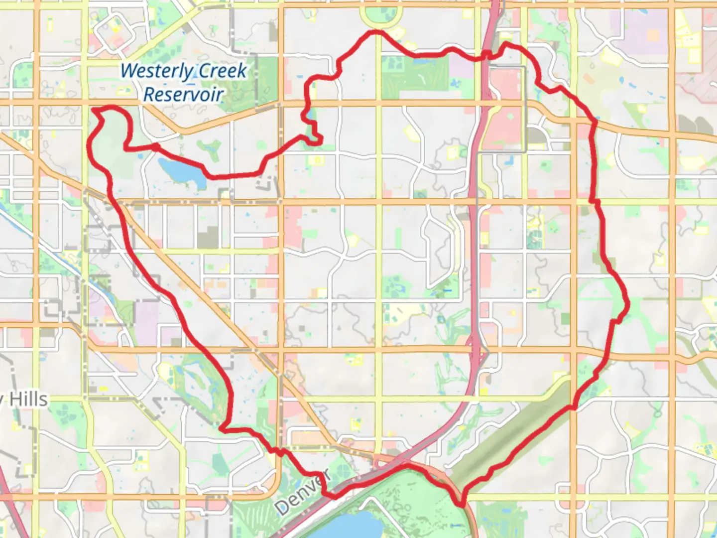 An image depicting the trail High Line Canal Regional Trail and Cherry Creek Loop Trail and its surrounding area.
