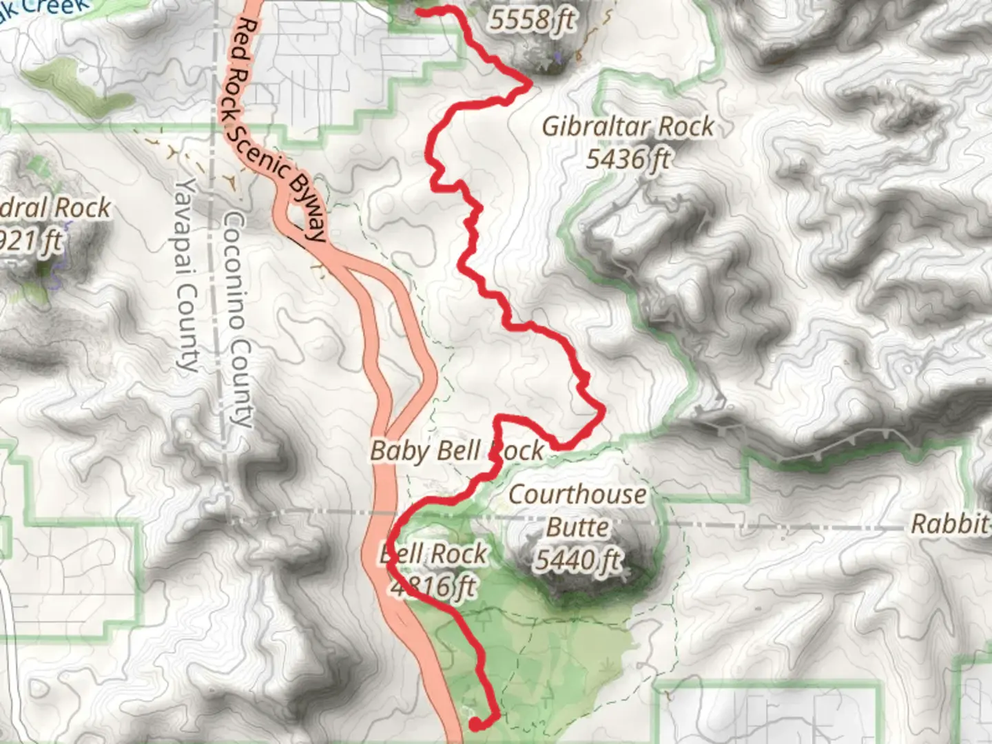An image depicting the trail Bell Rock - Llama - Little Horse - Chapel Trail and its surrounding area.