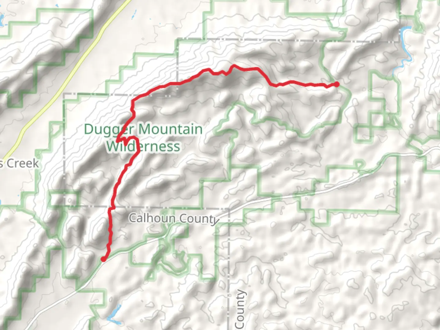An image depicting the trail Dugger Mountain via Pinhoti Trail and its surrounding area.