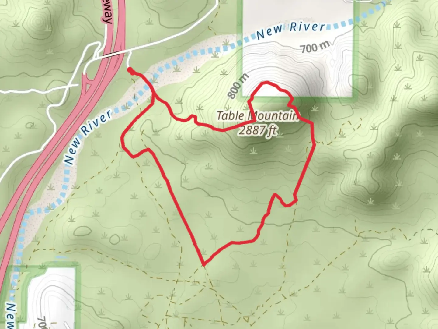 An image depicting the trail Table Mountain and New River and its surrounding area.