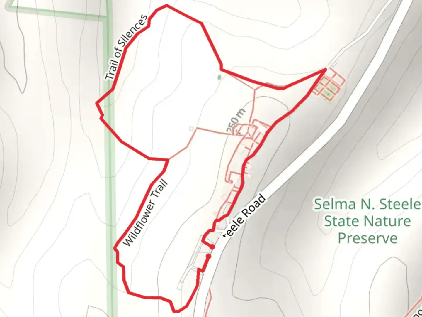 An image depicting the trail Wildflower Trail and Trail of Silences Loop and its surrounding area.