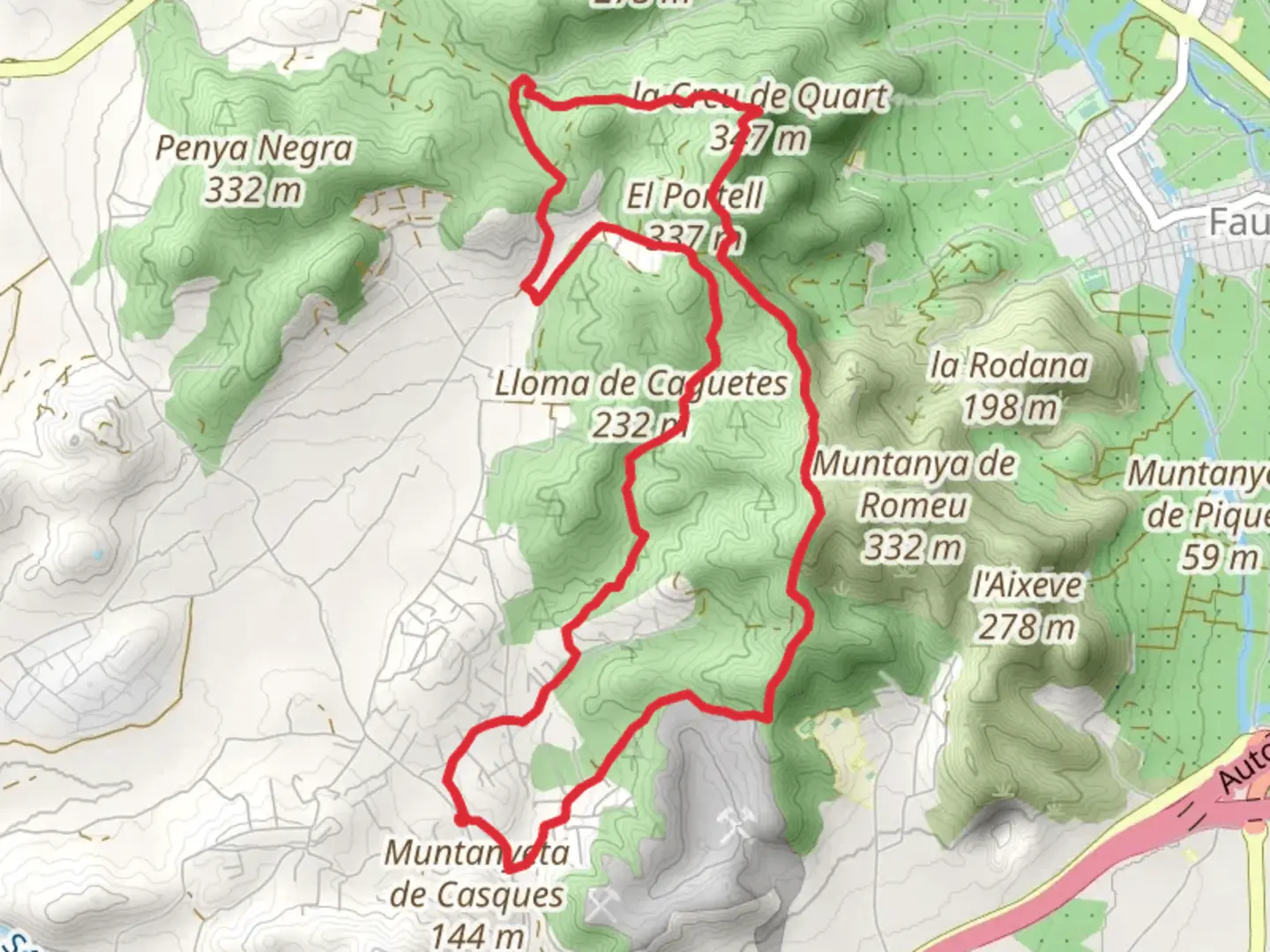 An image depicting the trail Route of the Senglars PR CV 319 and its surrounding area.
