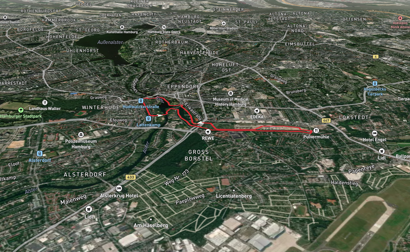 Meenkwiese, Eppendorfer Muehlenteich and Alster via Tarpenbek-Kollau-Wanderweg