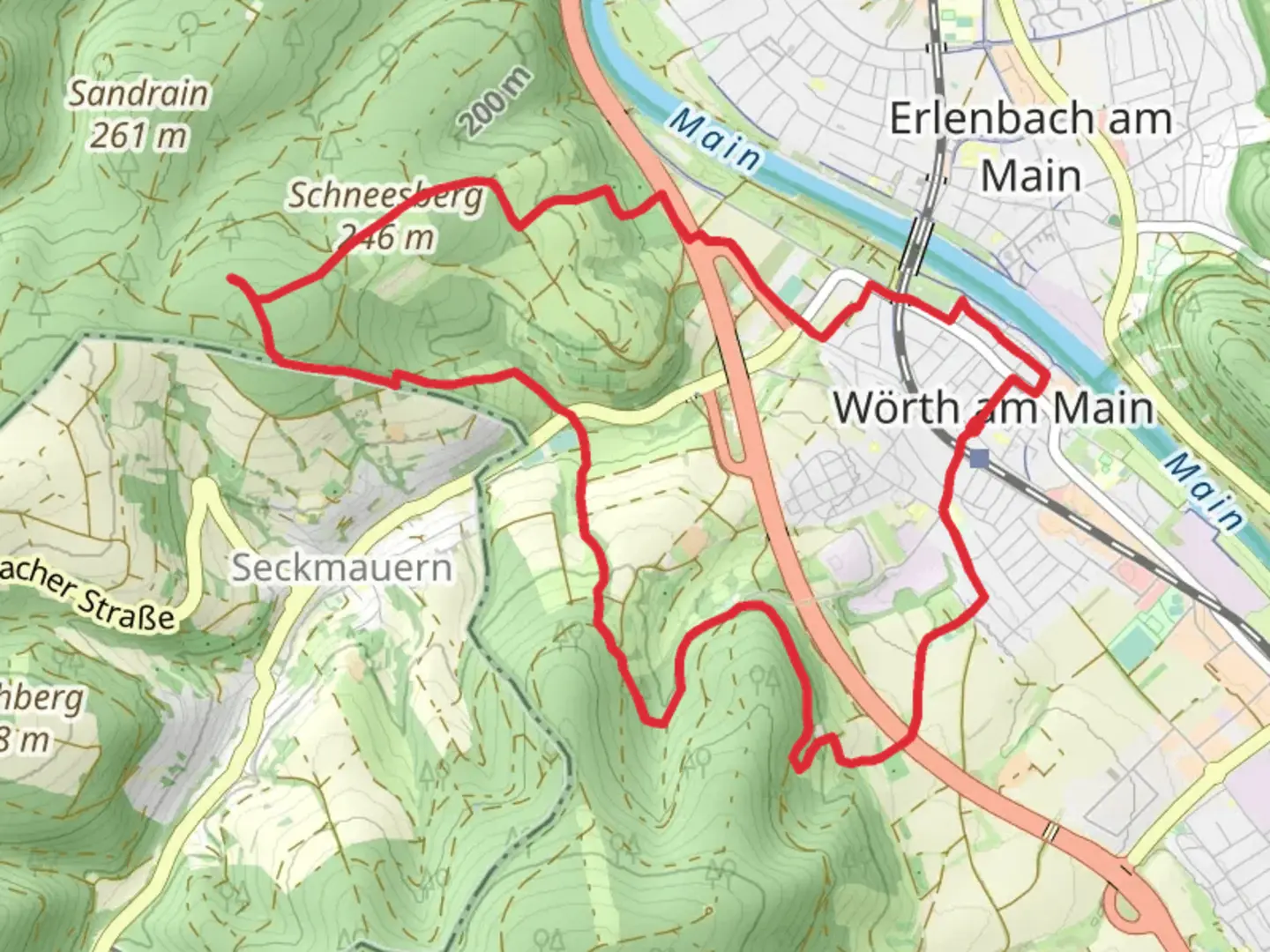 An image depicting the trail Schneesberg via Oestlicher Limesweg and its surrounding area.
