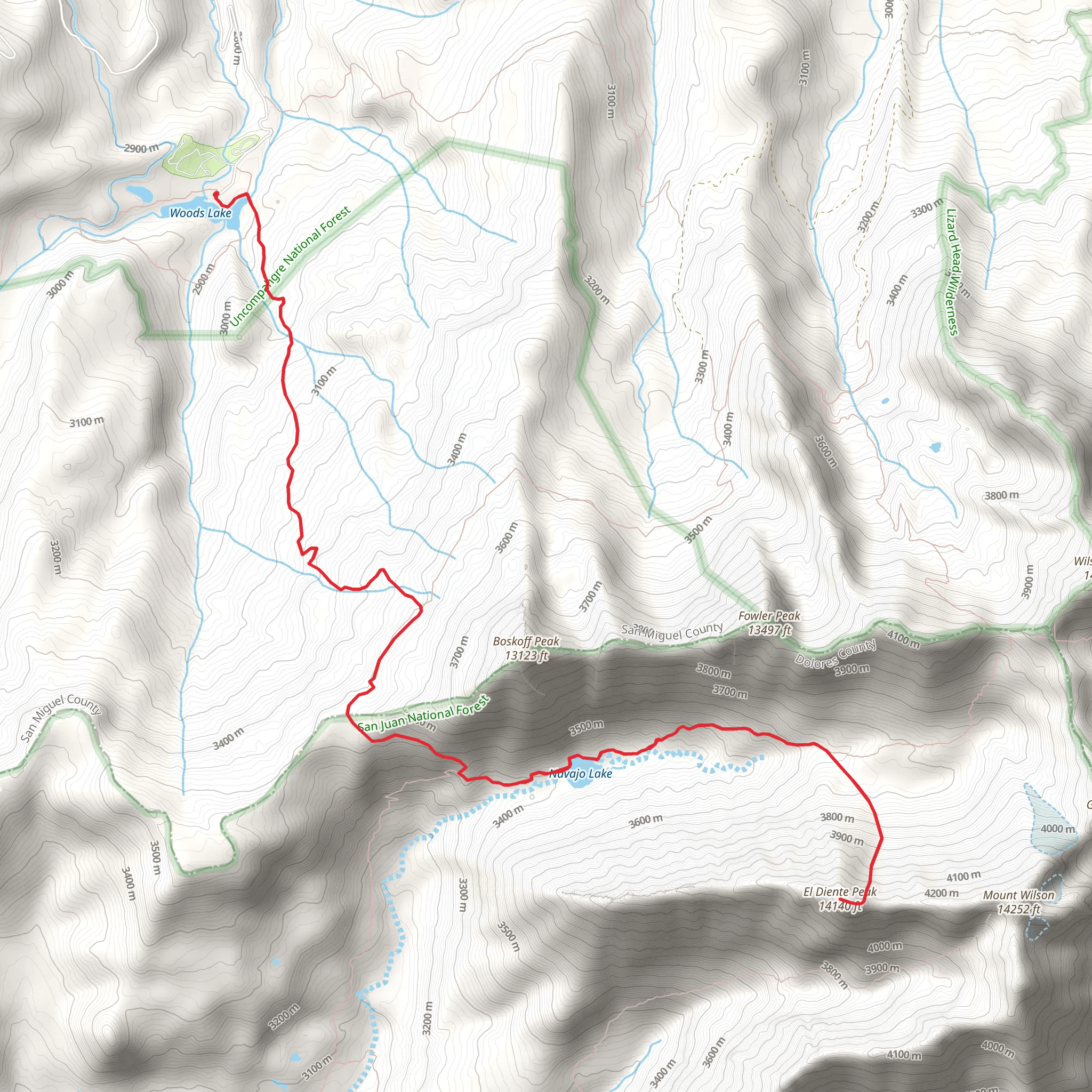 El Diente Peak via Woods Lake mobile static map