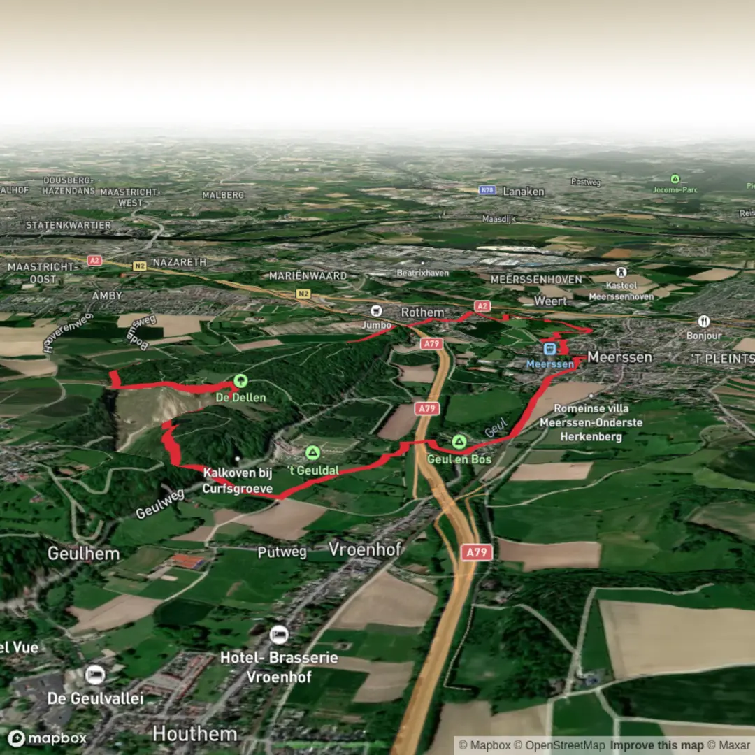 An image depicting the trail Proosdijpark and Kuil van Curfs via Herkenbergvoetpad and Heide Weg and its surrounding area.