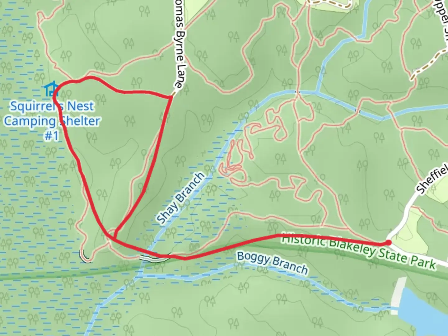 An image depicting the trail Squirrel's Nest Lane Loop and its surrounding area.