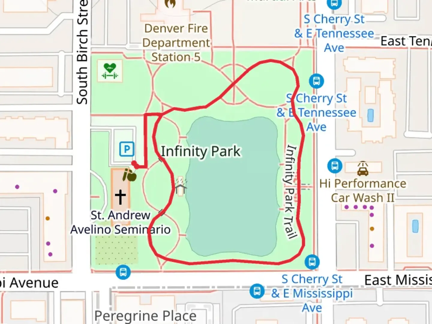 An image depicting the trail Infinity Park Loop - Short and its surrounding area.