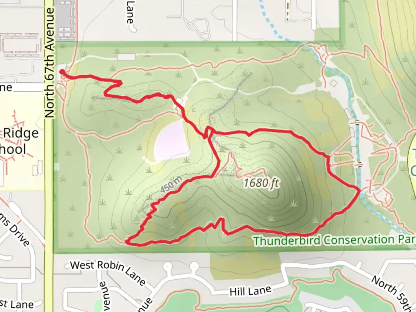 An image depicting the trail Thunderbird Reservoir and Hill Loop and its surrounding area.