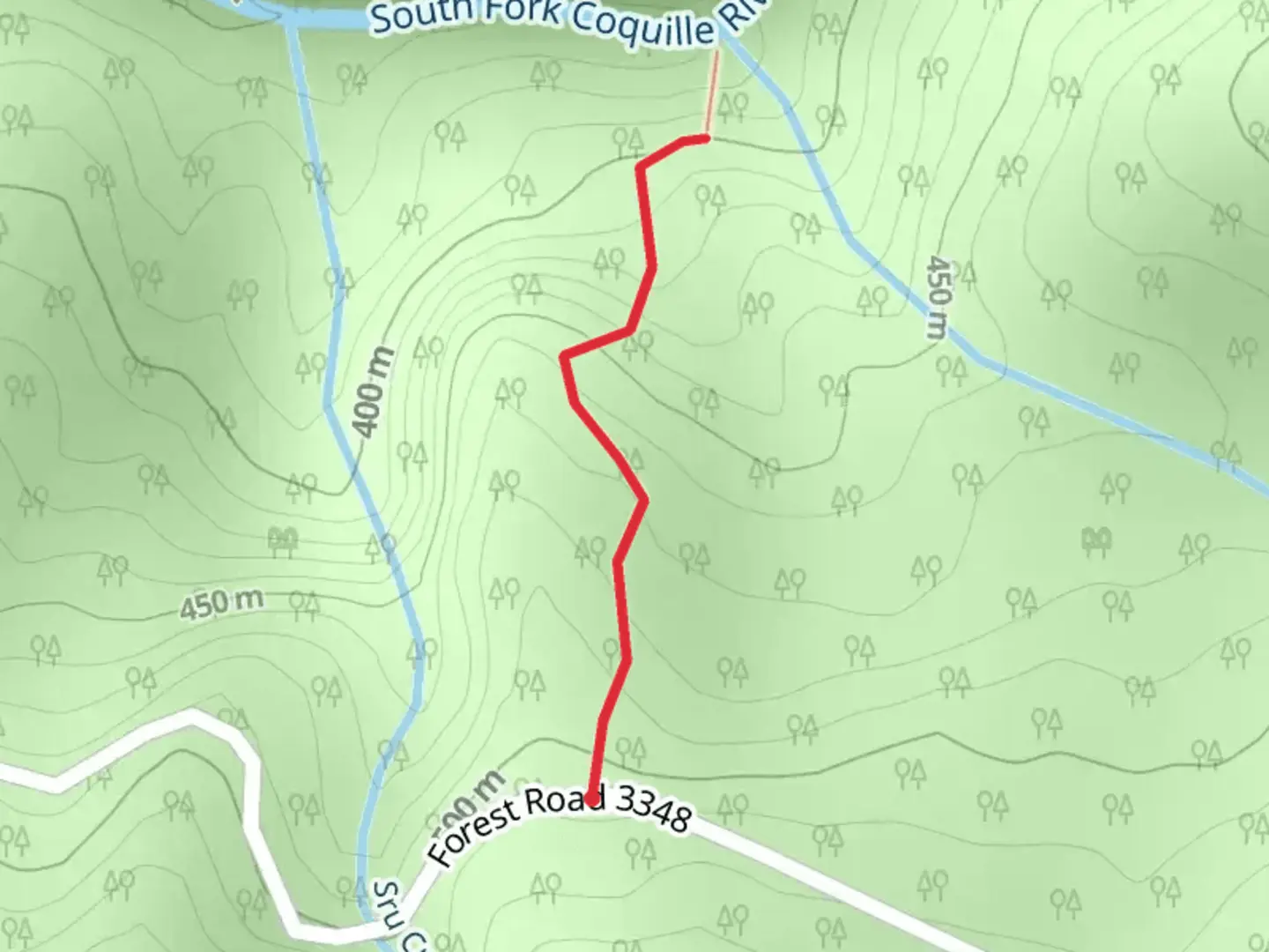 An image depicting the trail South Fork Coquille River from Forest Road 3348 and its surrounding area.