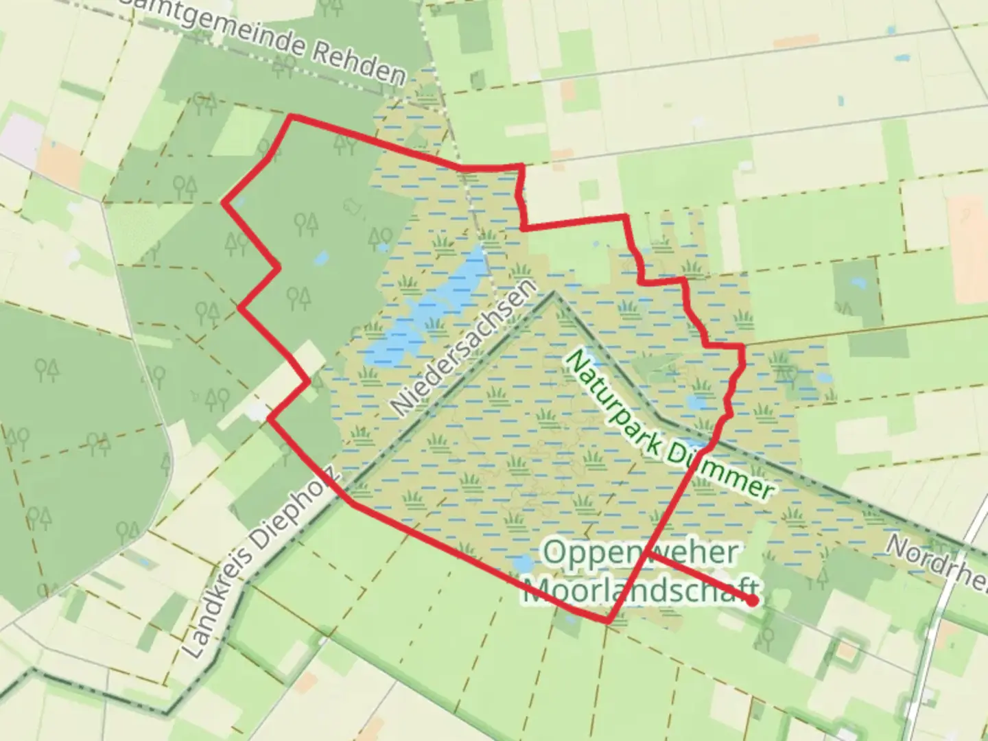 An image depicting the trail Oppenweher Moorlandschaft Loop and its surrounding area.