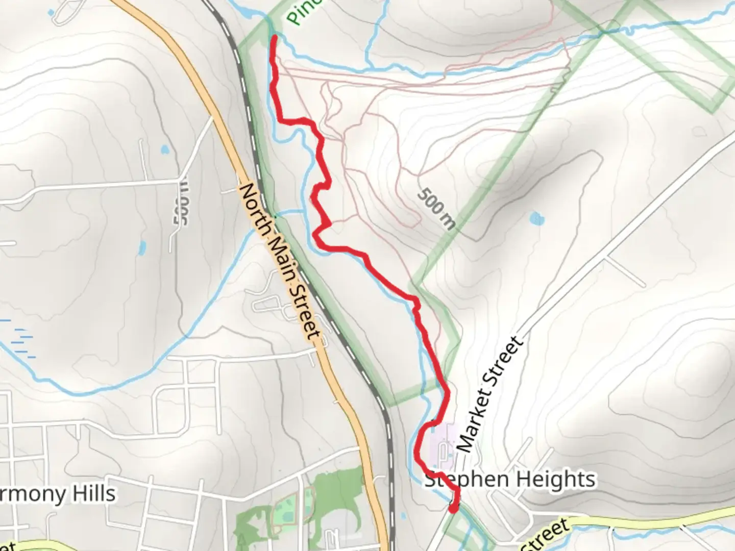 An image depicting the trail Roaring Creek and Kellum Creek and its surrounding area.