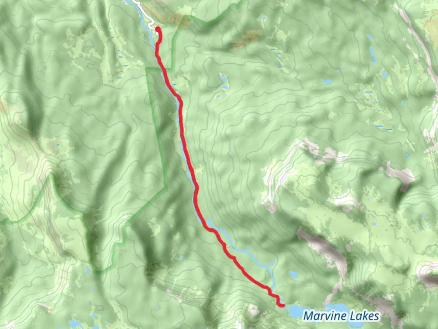 An image depicting the trail Marvine Lakes via Marvine Trail and its surrounding area.