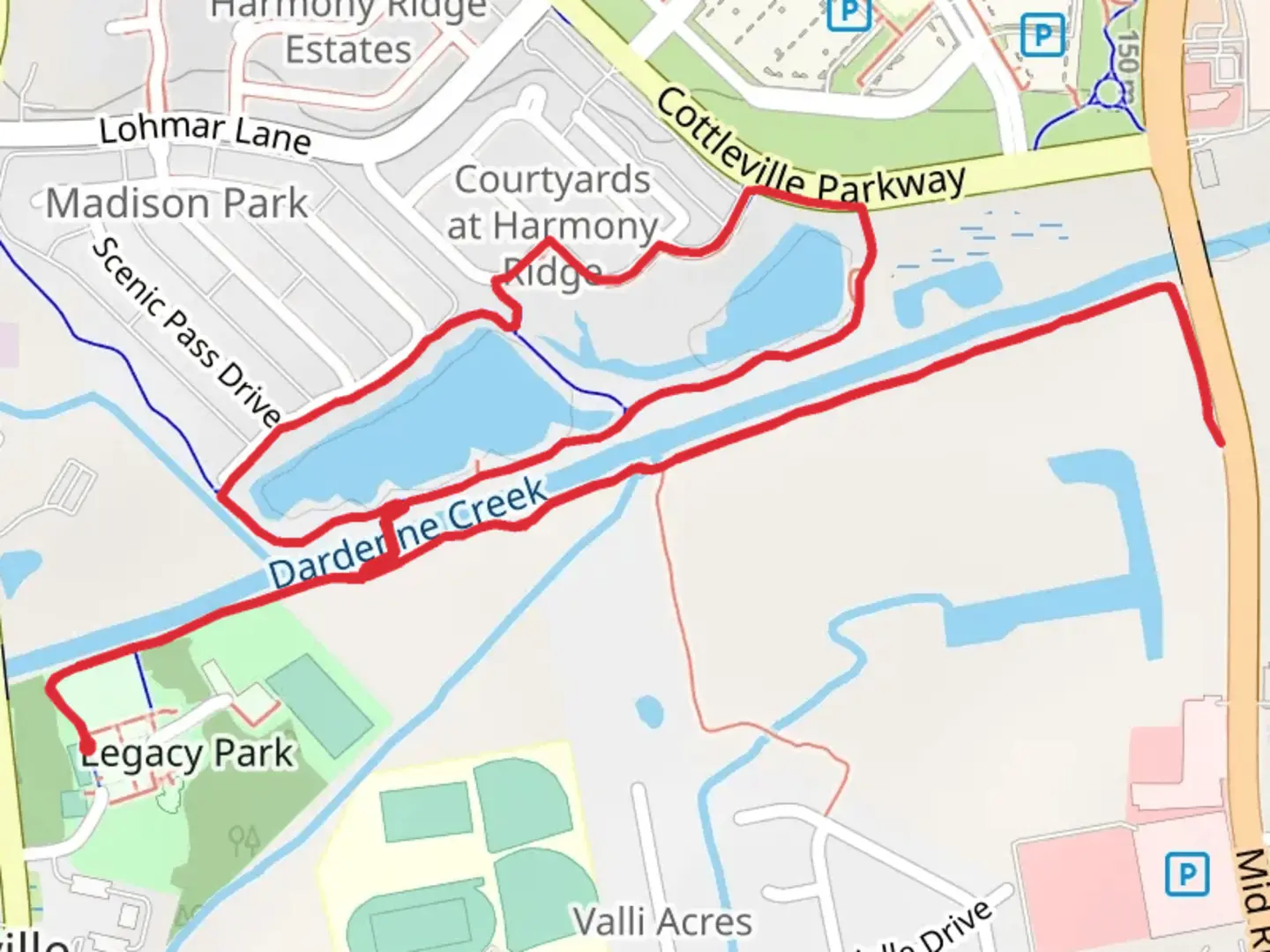 An image depicting the trail Dardenne Greenway and its surrounding area.