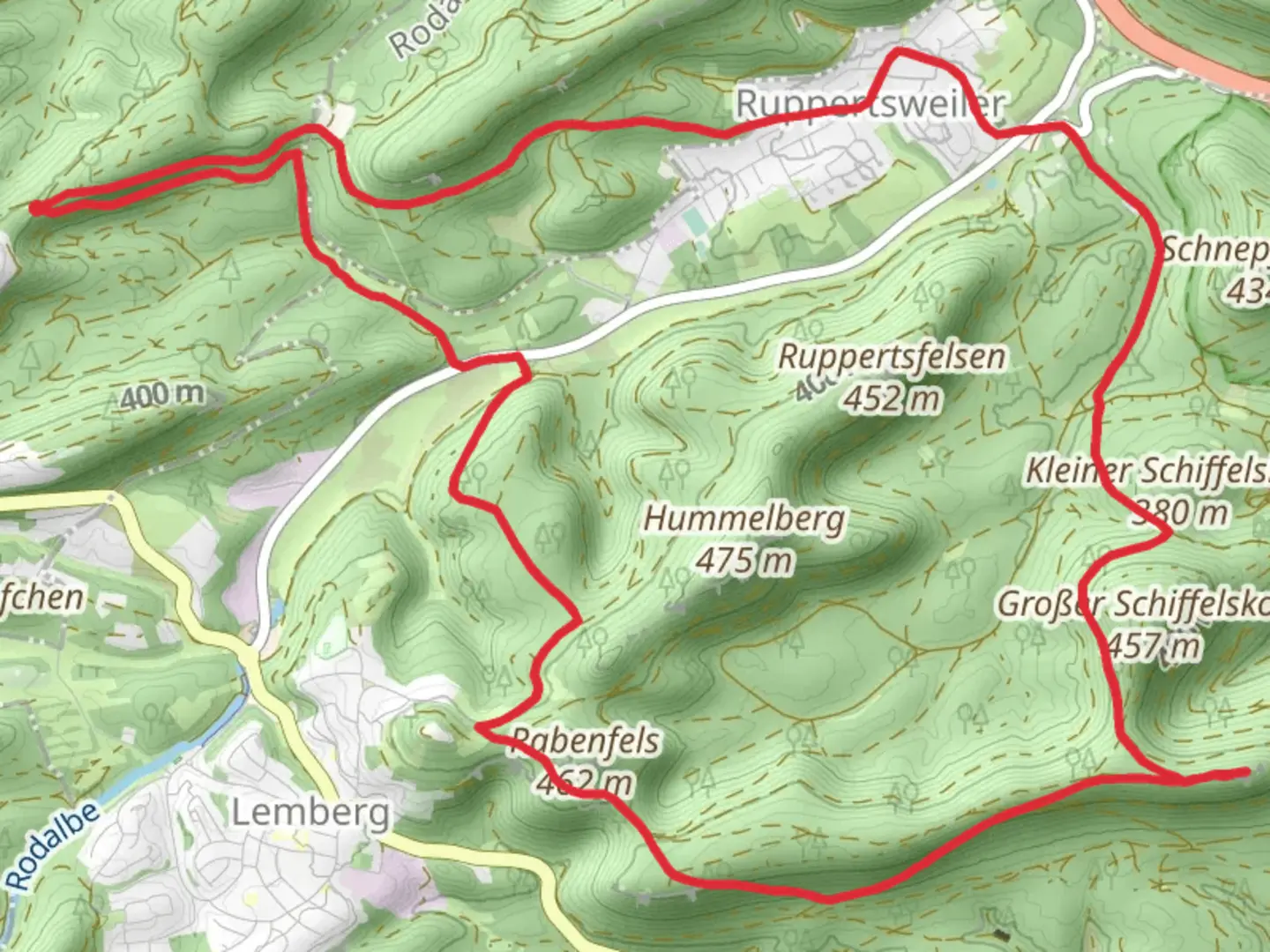 An image depicting the trail Rabenfels and Maiblumenfels Loop and its surrounding area.
