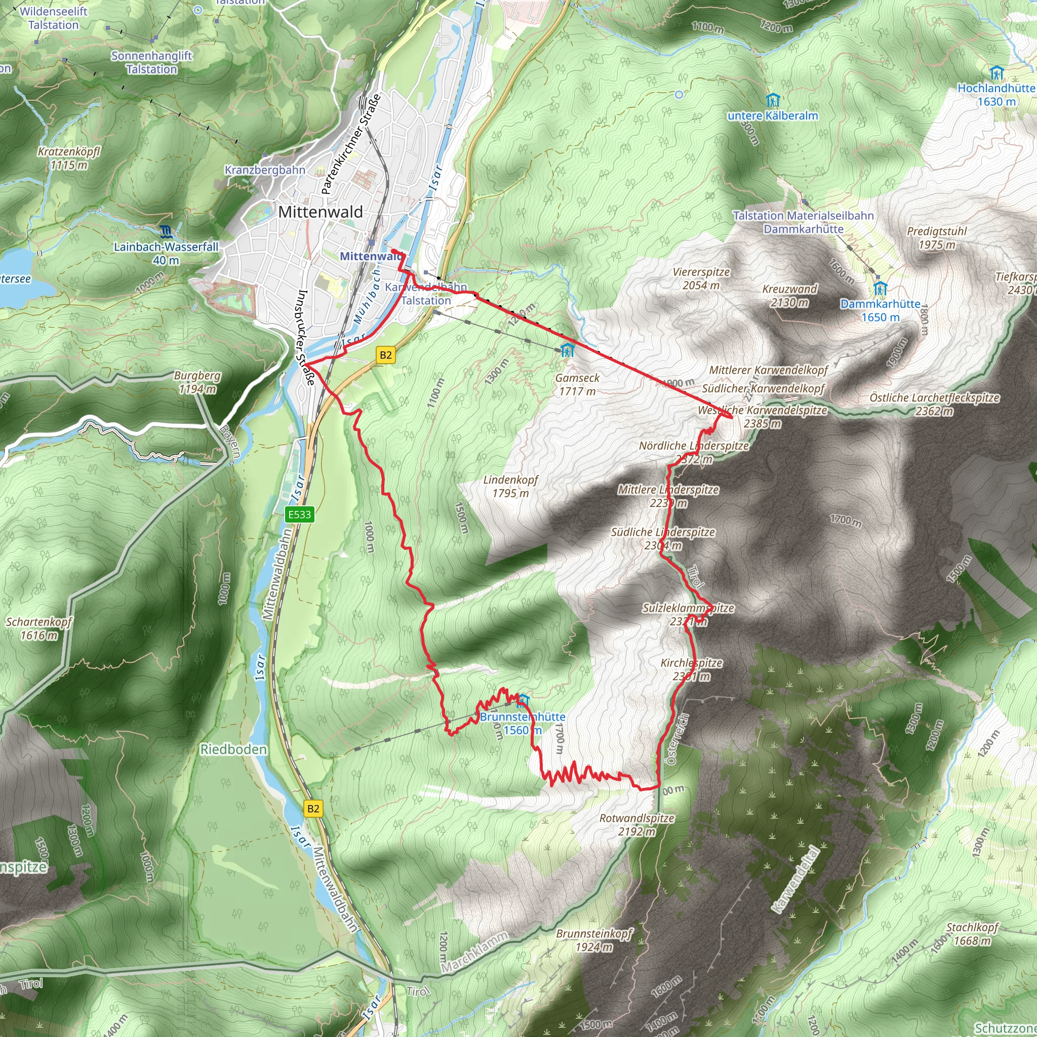 Mittlere Linderspitze, Suedliche Linderspitze and Sulzleklammpitze via Wanderweg mobile static map