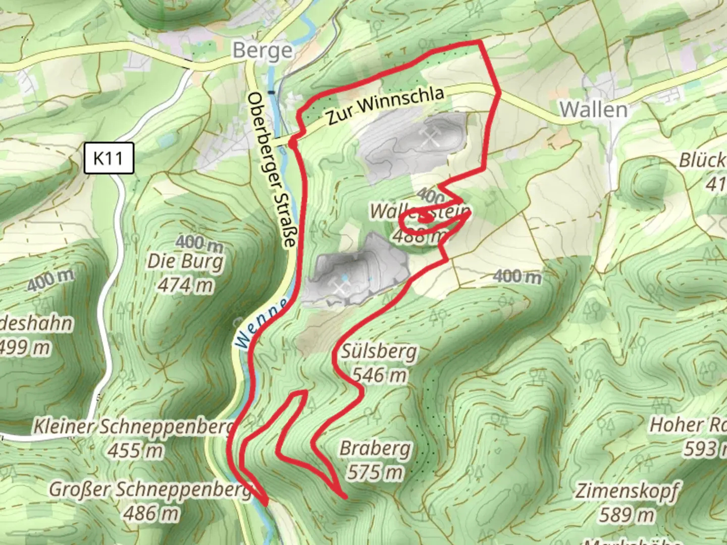 An image depicting the trail Altes Wennebett, Burgruine Wallenstein and Diabas Steinbruch Loop and its surrounding area.