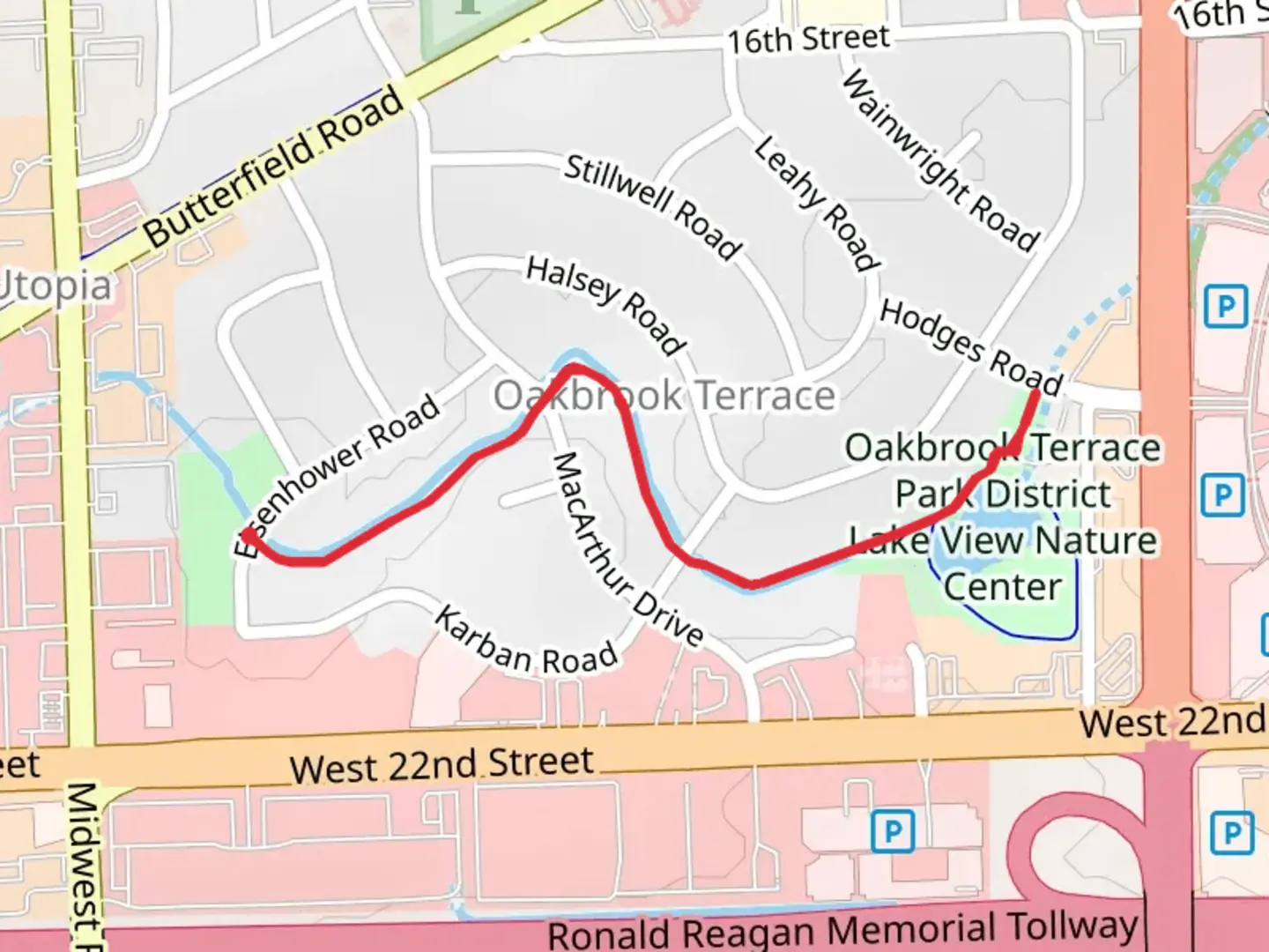 An image depicting the trail Oakbrook Terrace Park District Lake View Nature Center and its surrounding area.